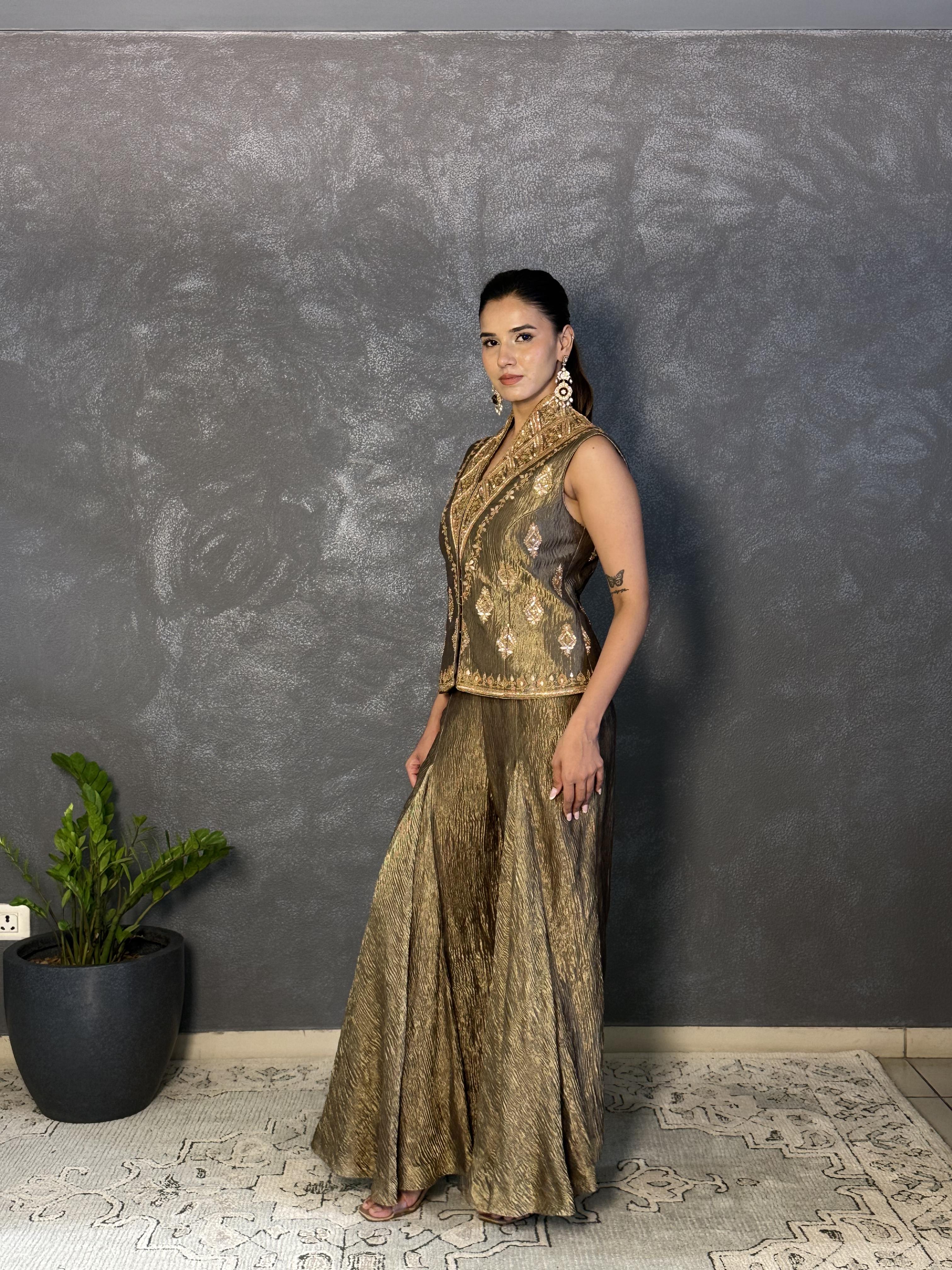 Golden Crushed Tissue Embroidered Co-Ord Set