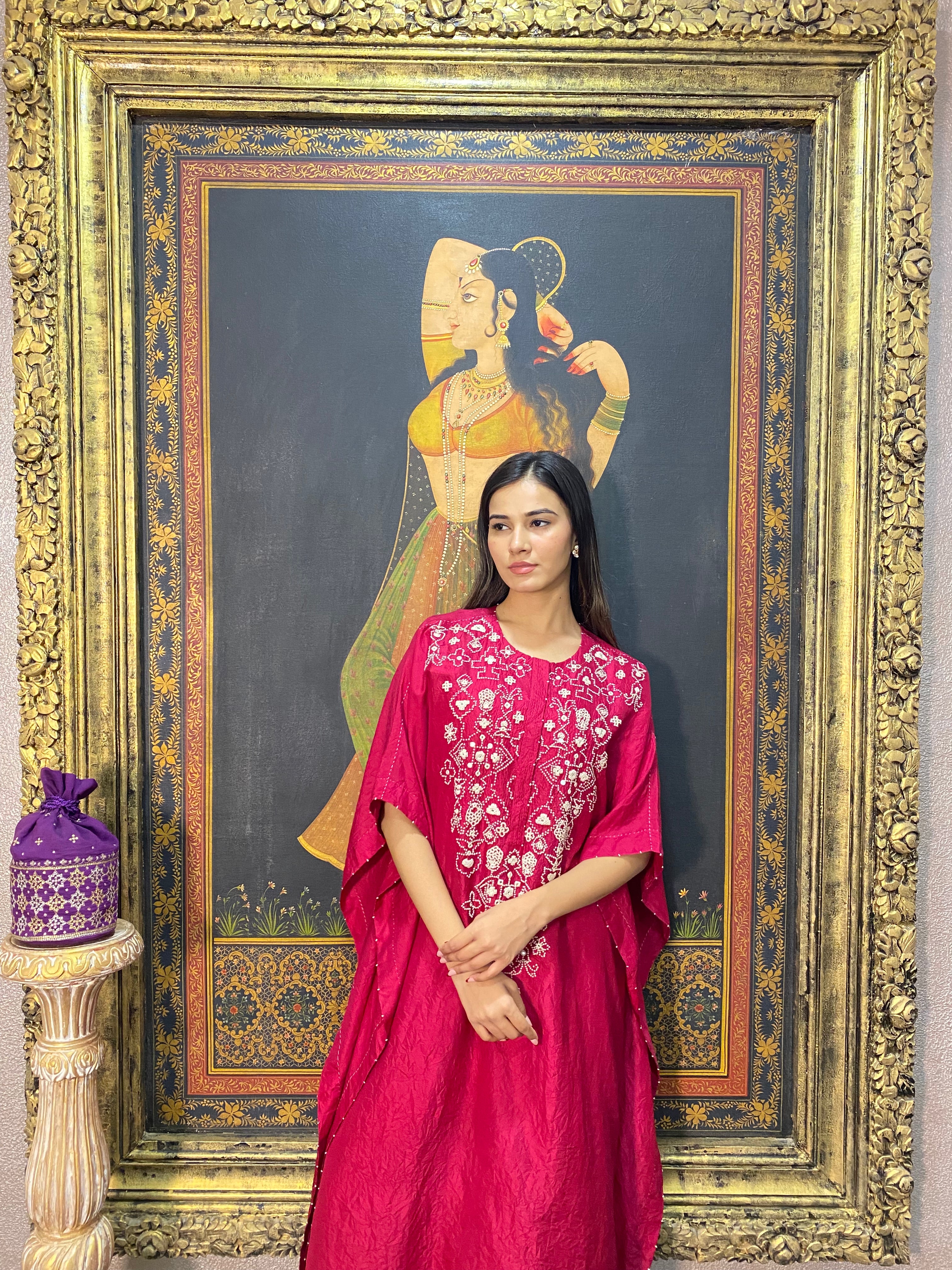 Red Mulberry Silk Mirror Embroidered Kaftan Set