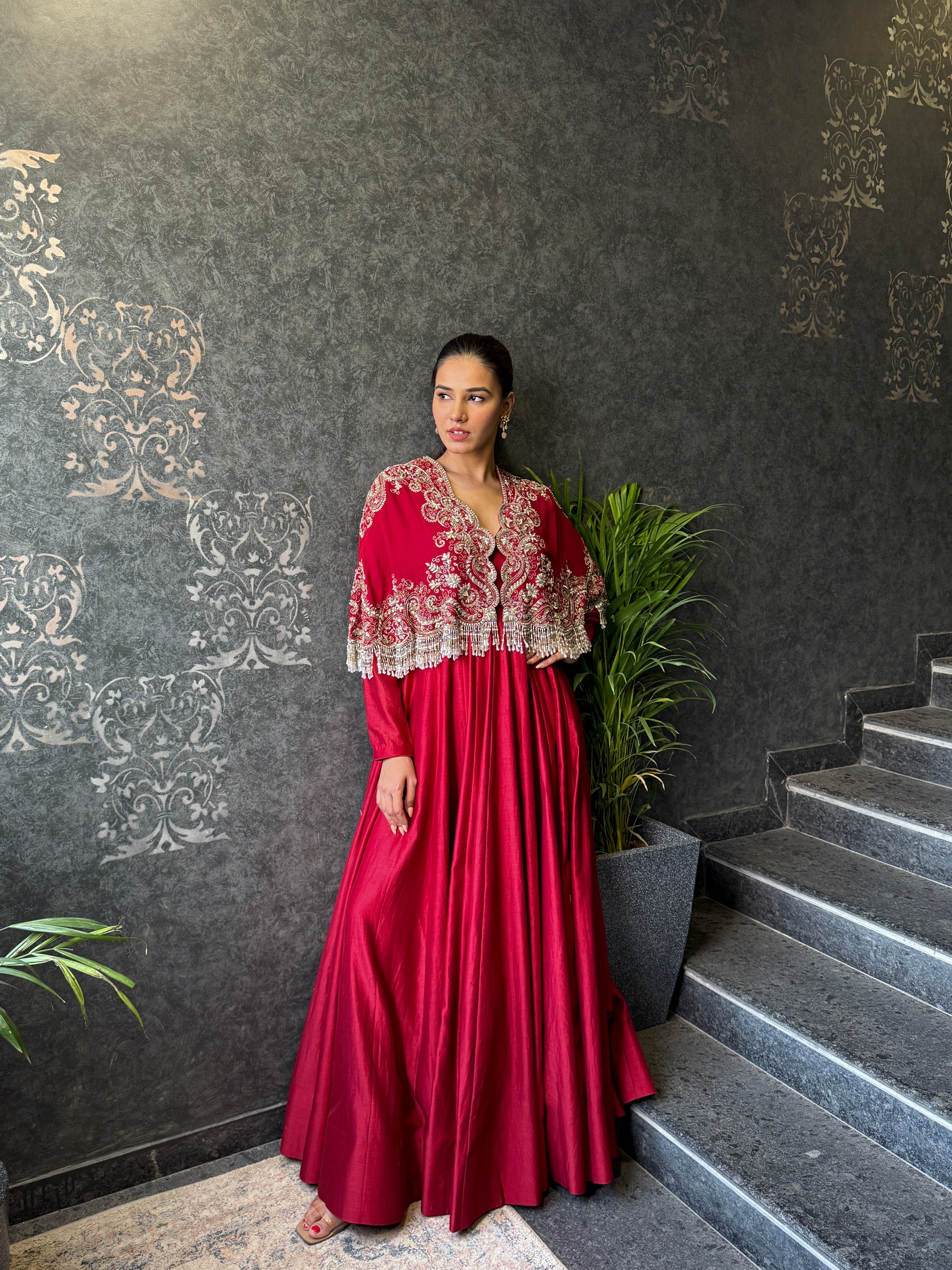 RED ANARKALI WITH CAPE