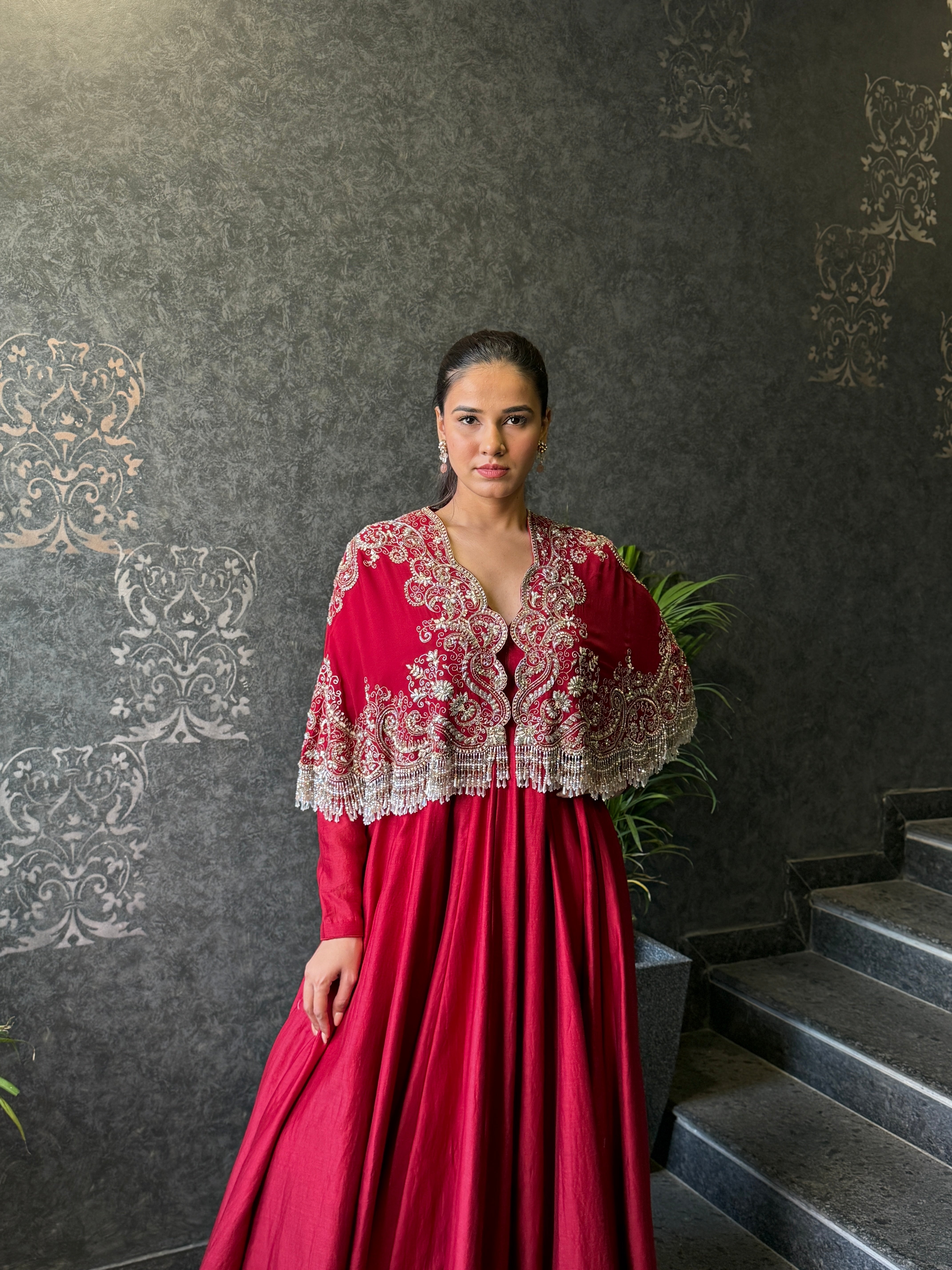 RED ANARKALI WITH CAPE