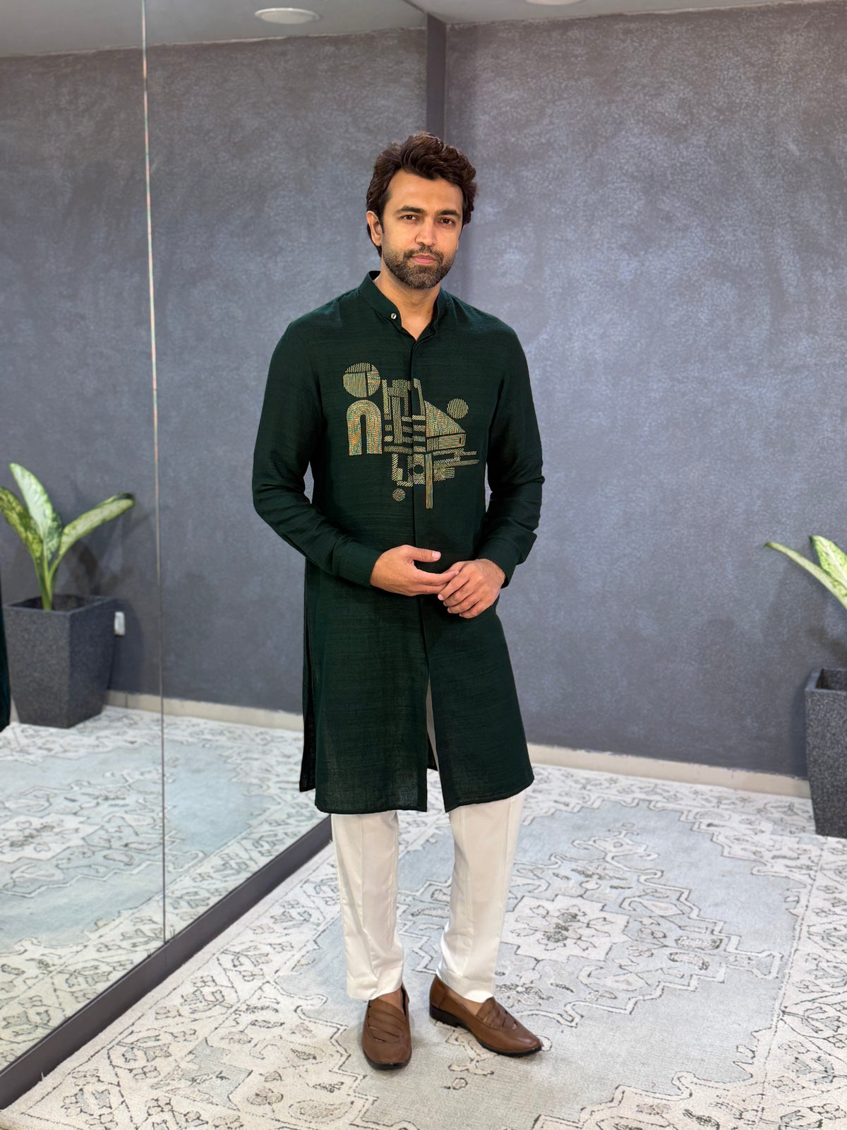 Bottle Green Matka Silk Embroidered Kurta Set