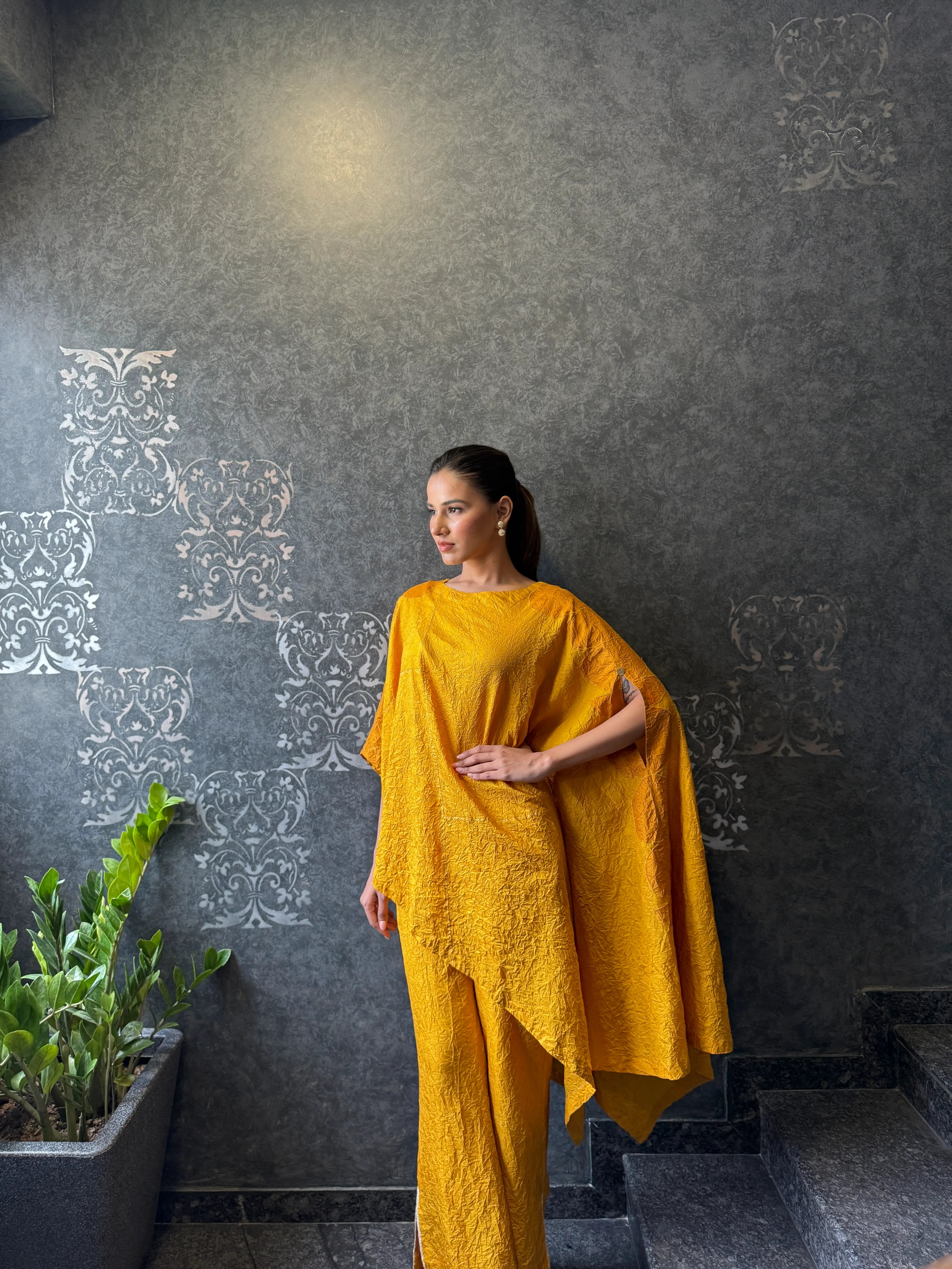 Yellow Embroidery Boat Neck Asymmetric Kurta And Pant Set