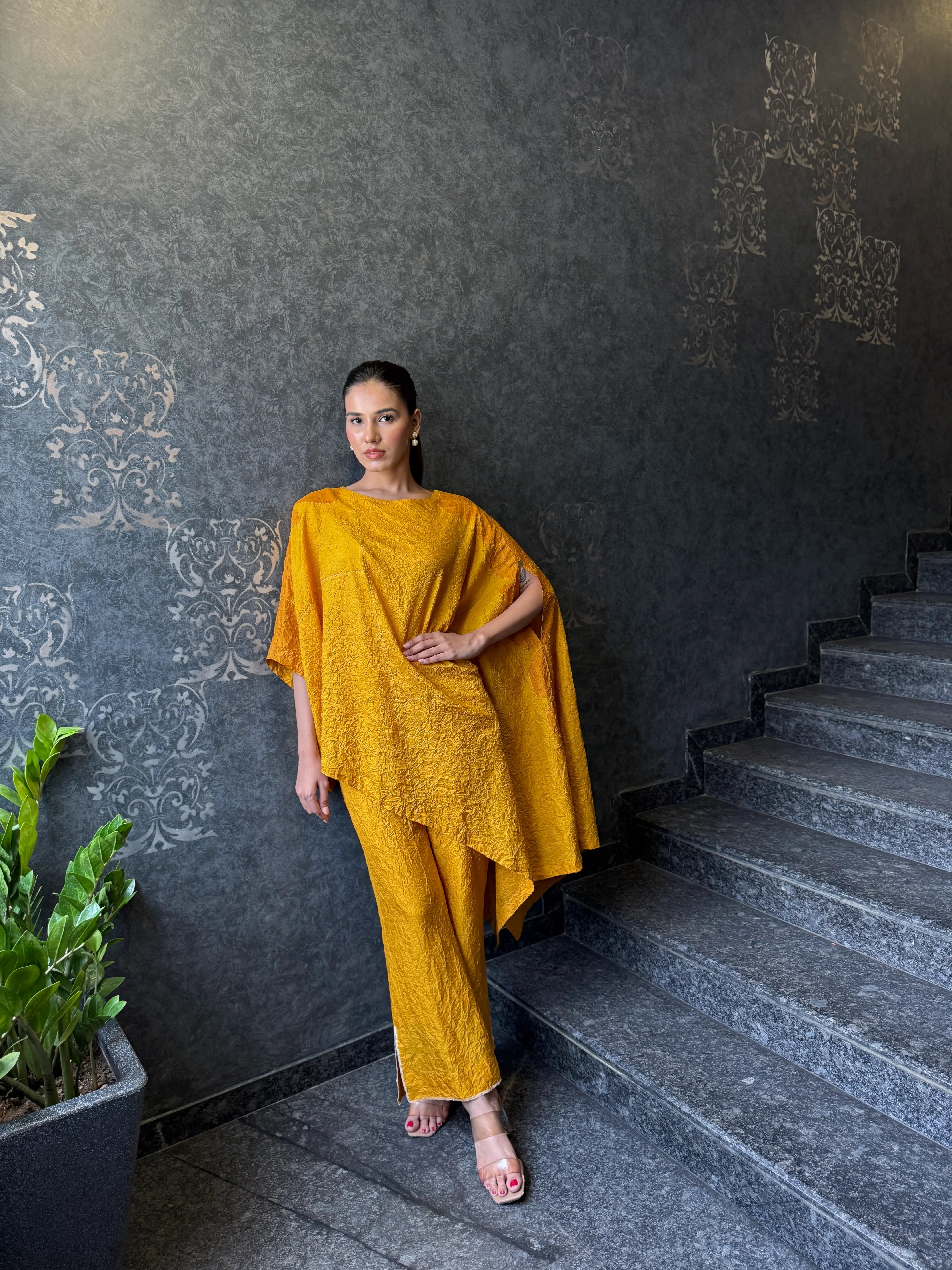 Yellow Embroidery Boat Neck Asymmetric Kurta And Pant Set