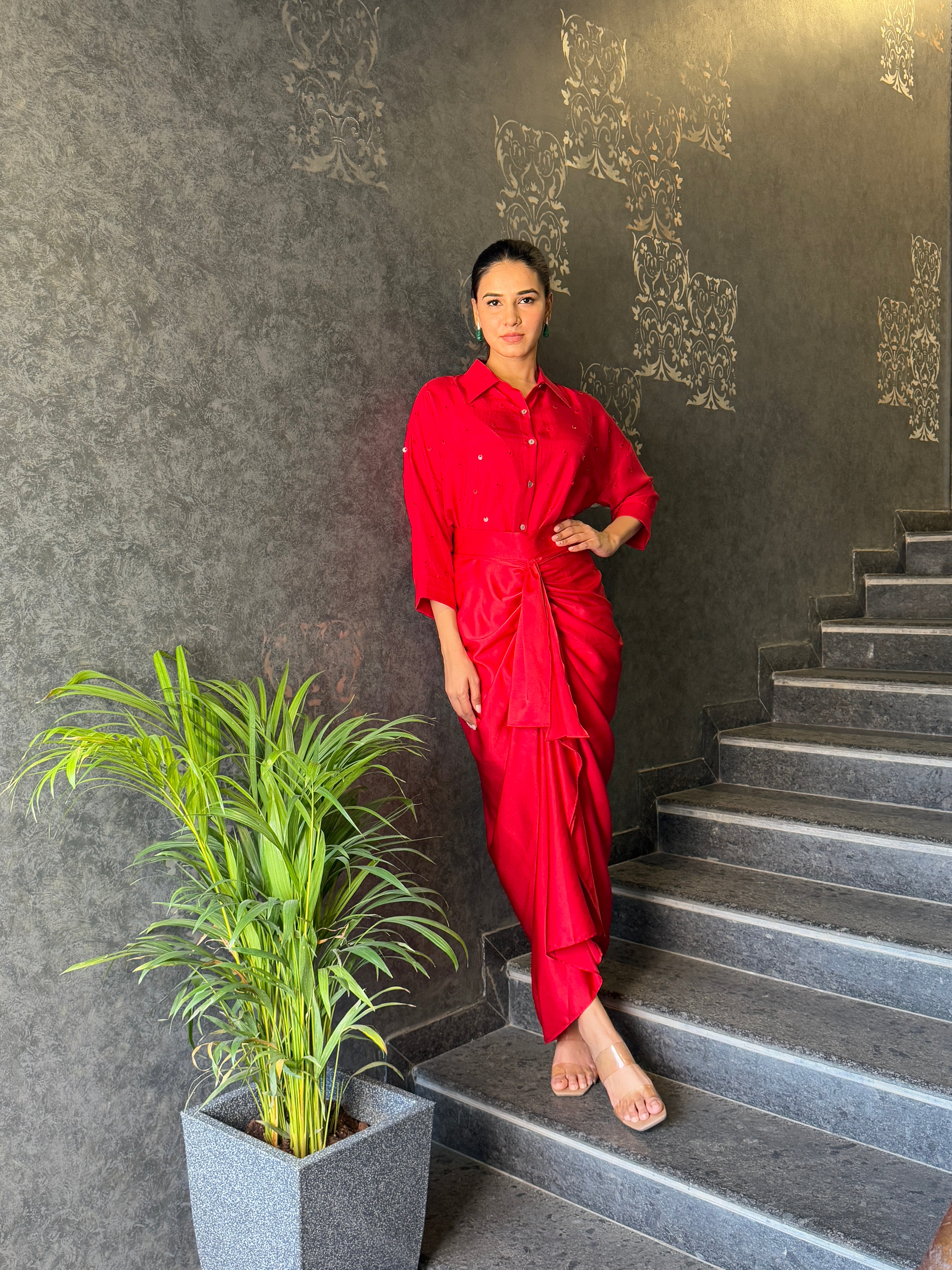 Red Satin Drape Pencil Skirt