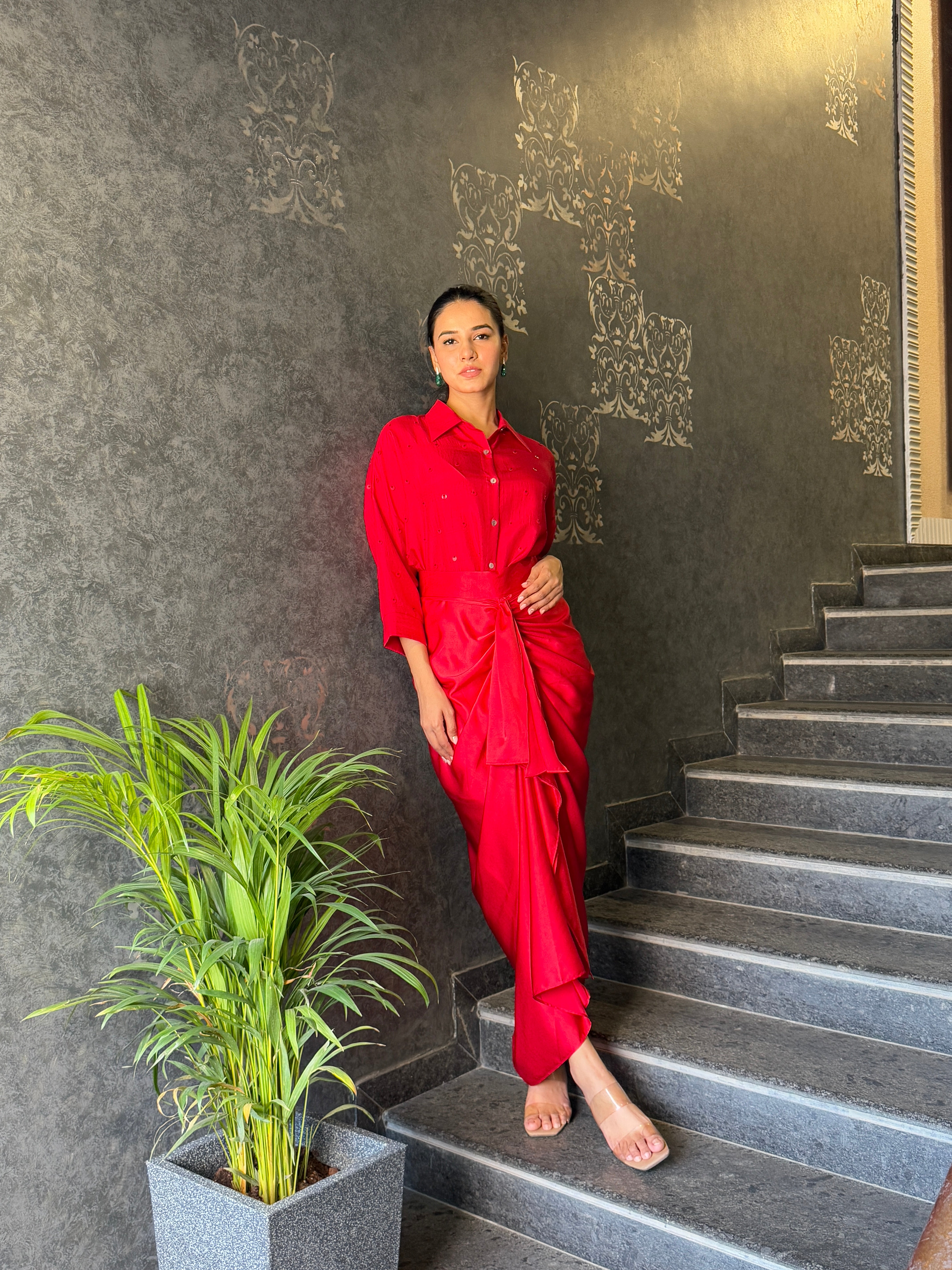 Red Satin Drape Pencil Skirt