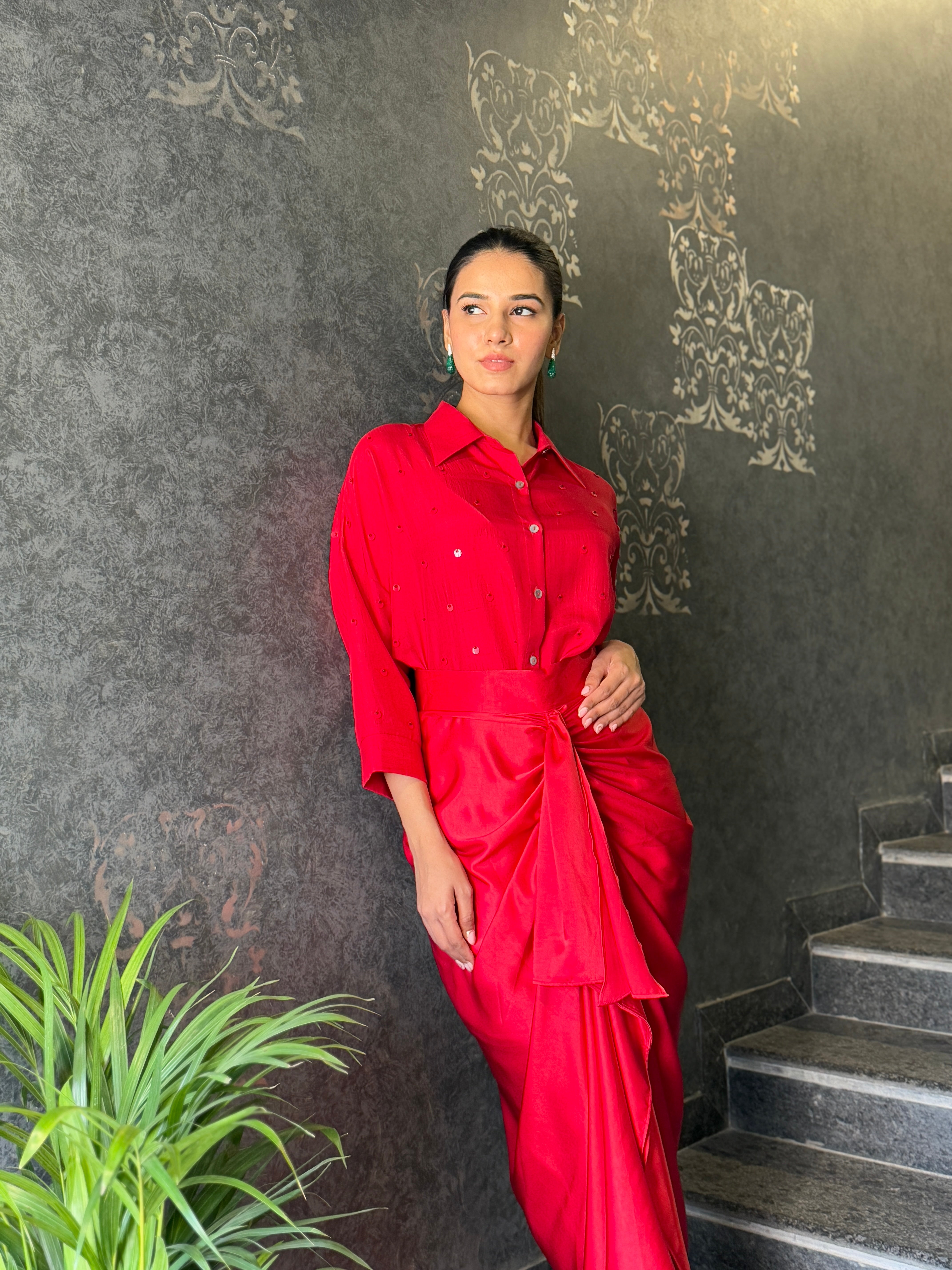 Red Satin Drape Pencil Skirt