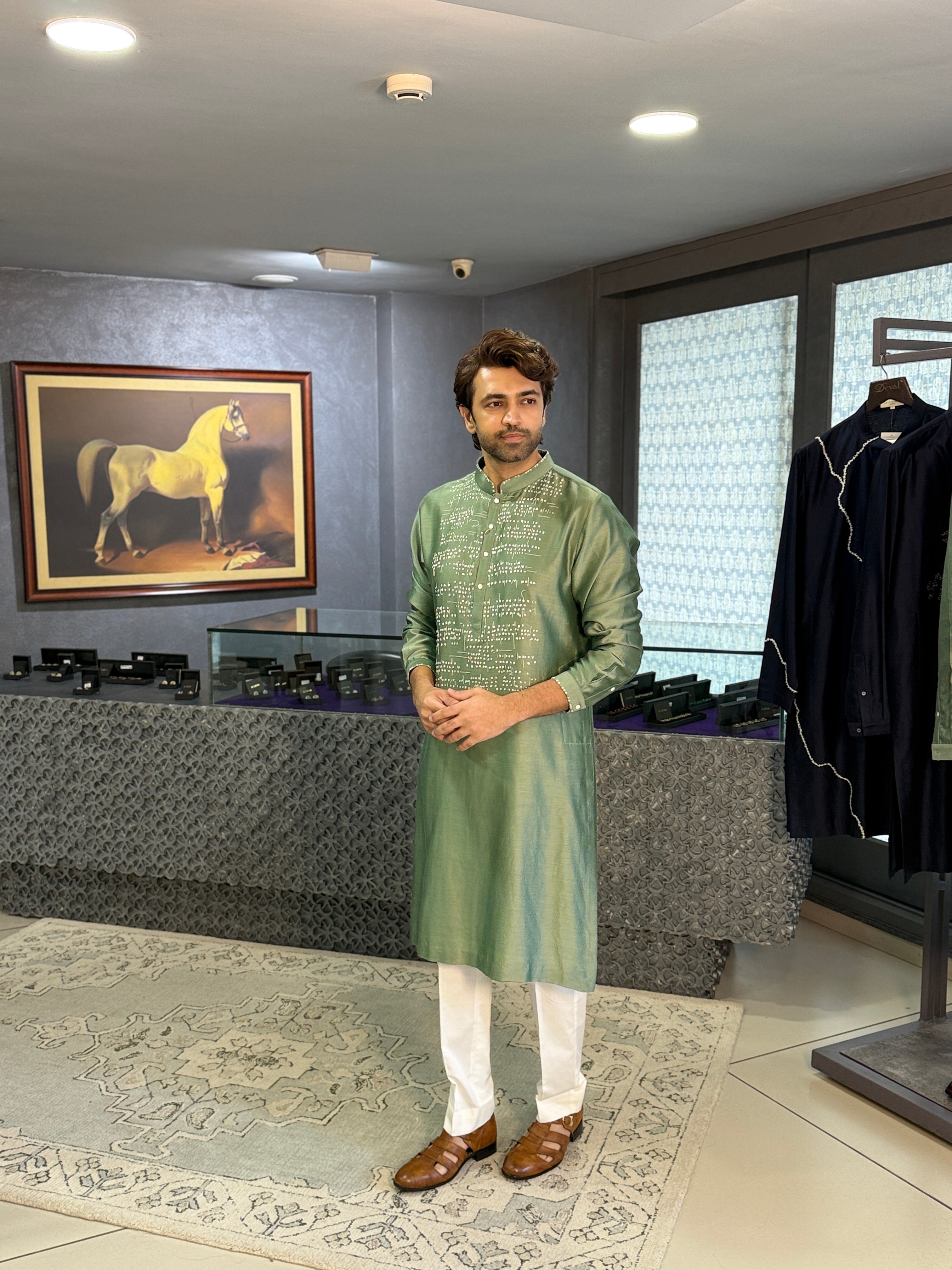Sage Green Chanderi Hand Embroidered Kurta Set