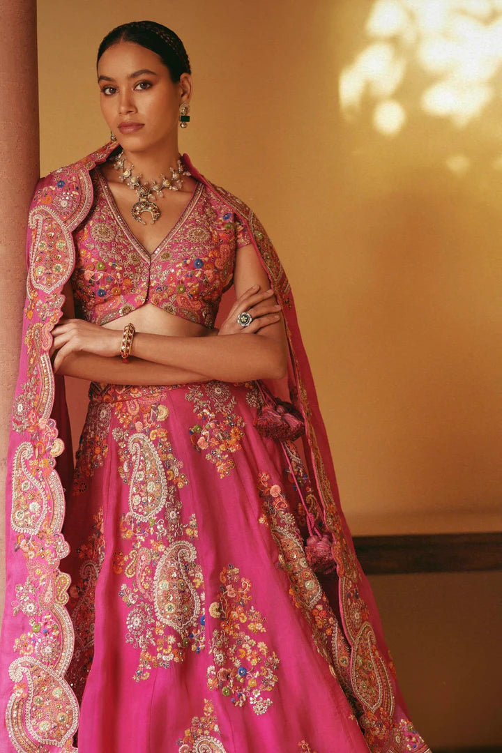 Fuchsia Pink Organza Lehenga With Blouse And Dupatta