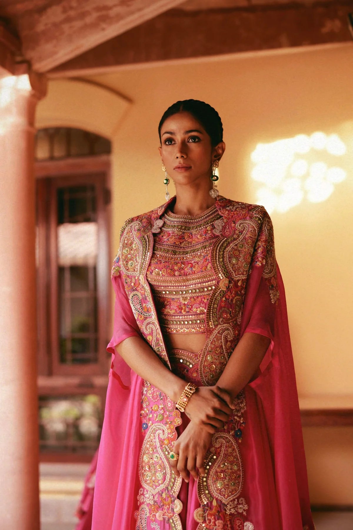 Fuchsia Pink Heavy Cape With Blouse And Skirt