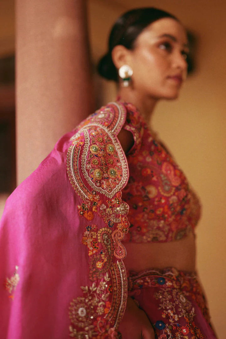 Fuchsia Pink Organza Lehenga With Blouse And Dupatta