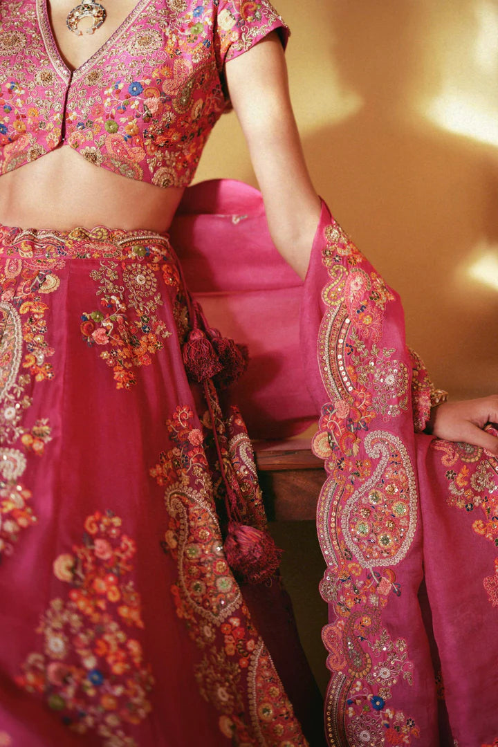 Fuchsia Pink Organza Lehenga With Blouse And Dupatta
