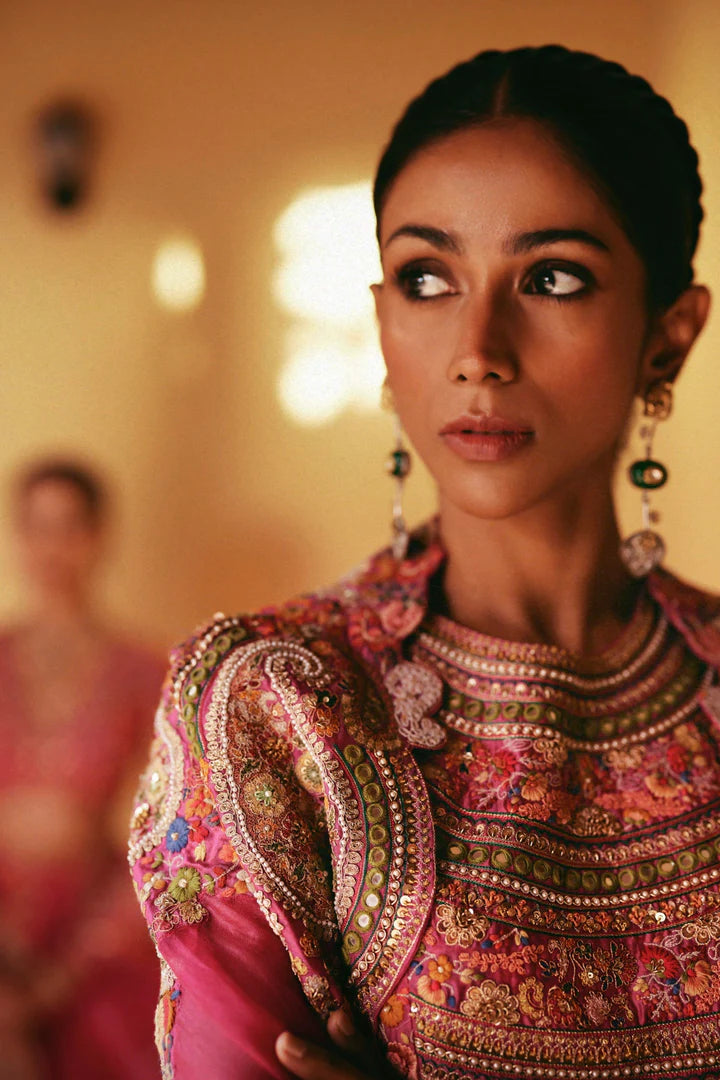 Fuchsia Pink Heavy Cape With Blouse And Skirt