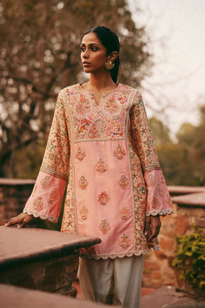 Salmon Pink Printed Short Kurti With Salwar Deval Store