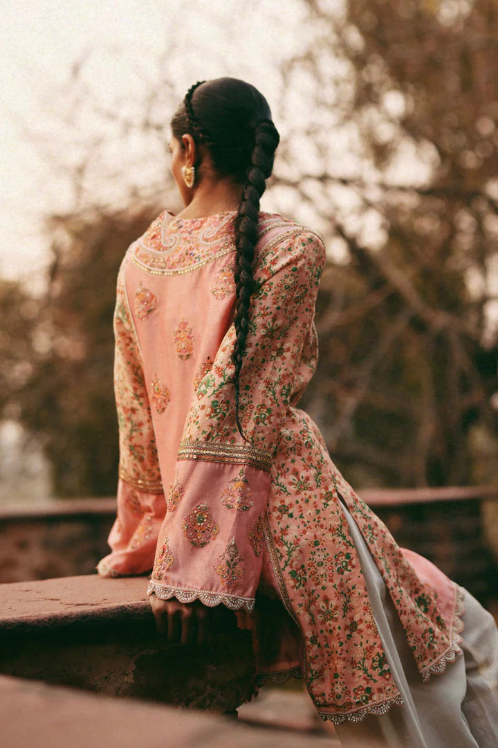 Salmon Pink Printed Short Kurti With Salwar