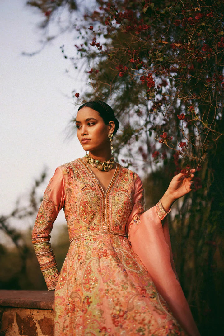 Salmon Pink Heavy Kalidar With Dupatta
