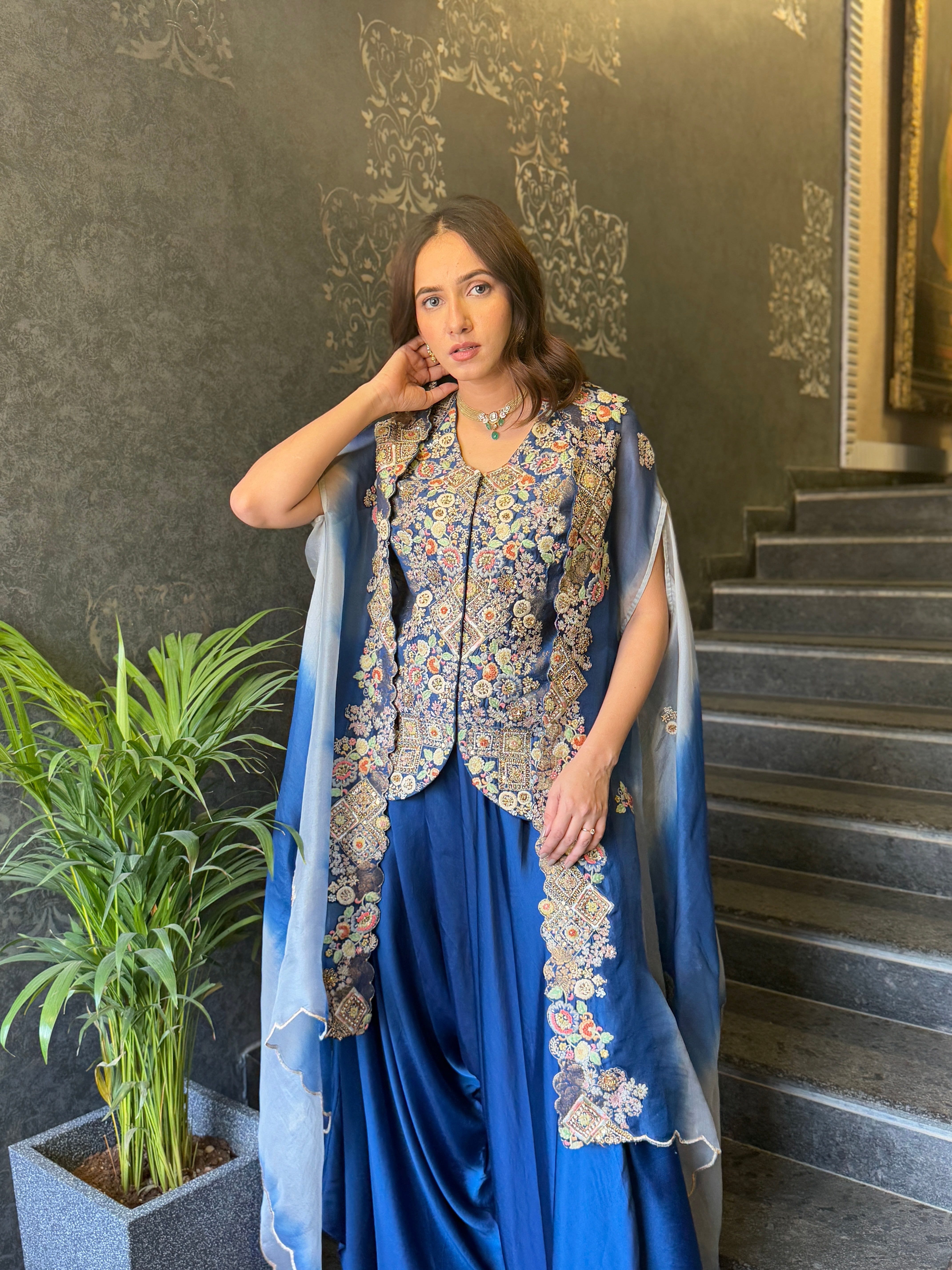 CAPE WITH SHORT JACKETS AND DHOTI PANTS