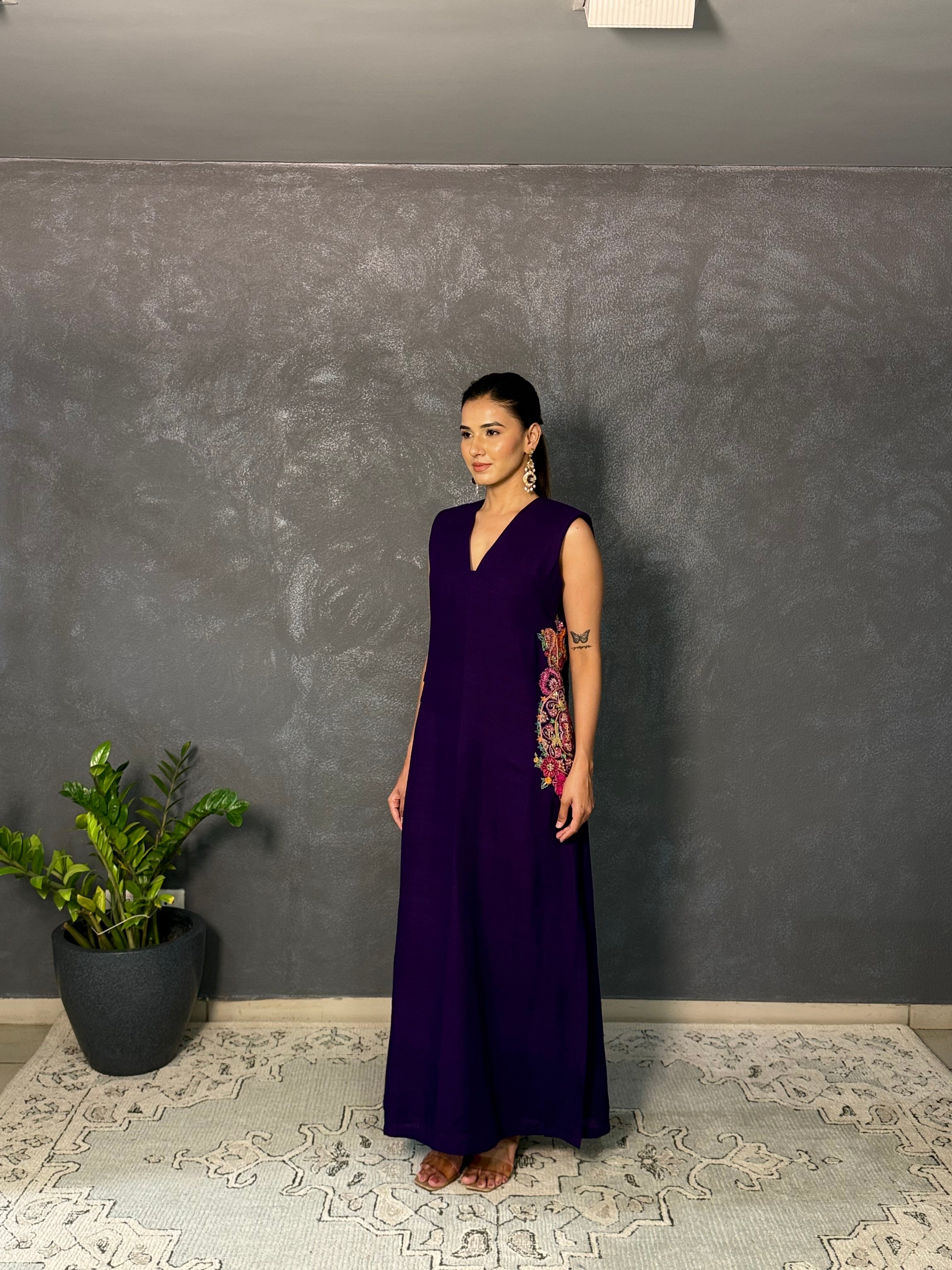 Purple Matka Silk Hand Embroidered Dress