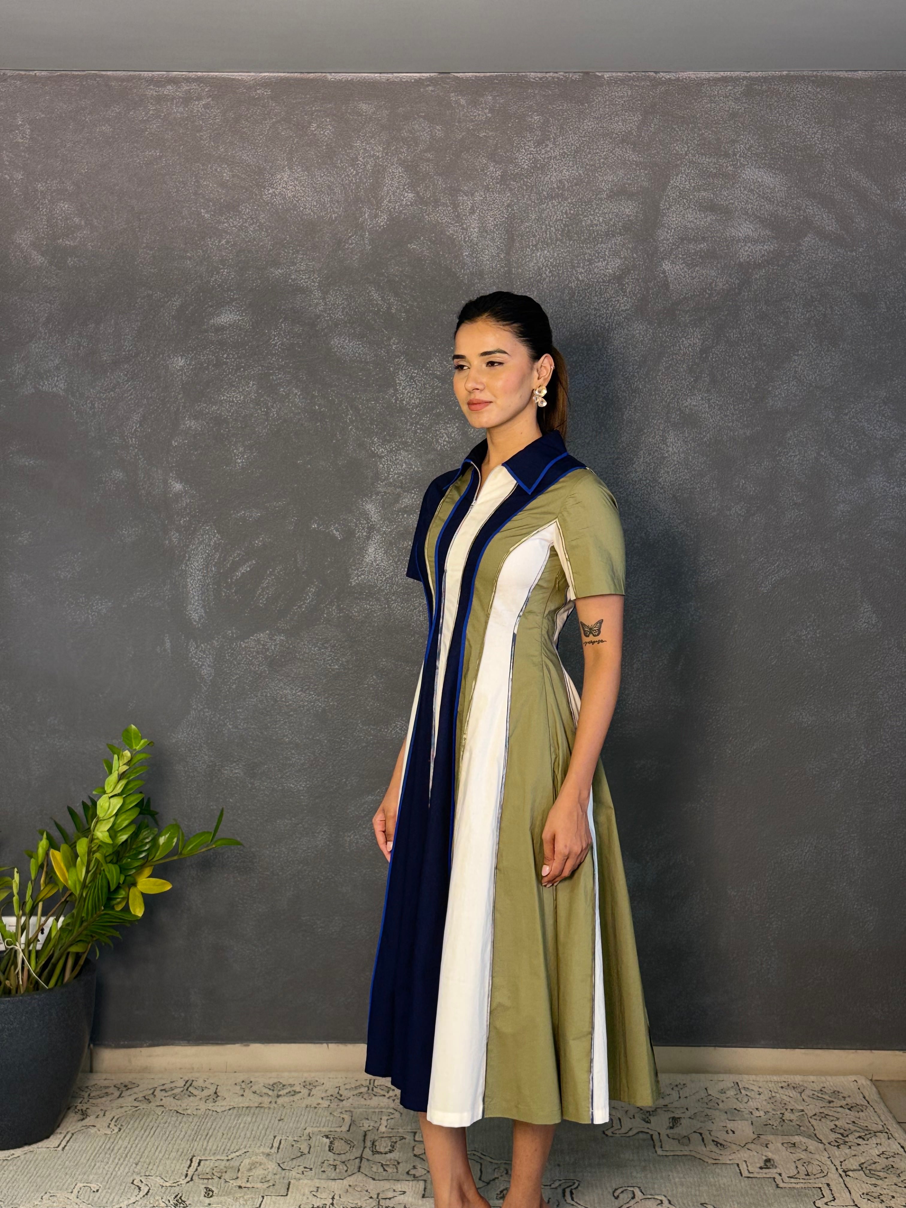 Panelled colorblock shirt dress