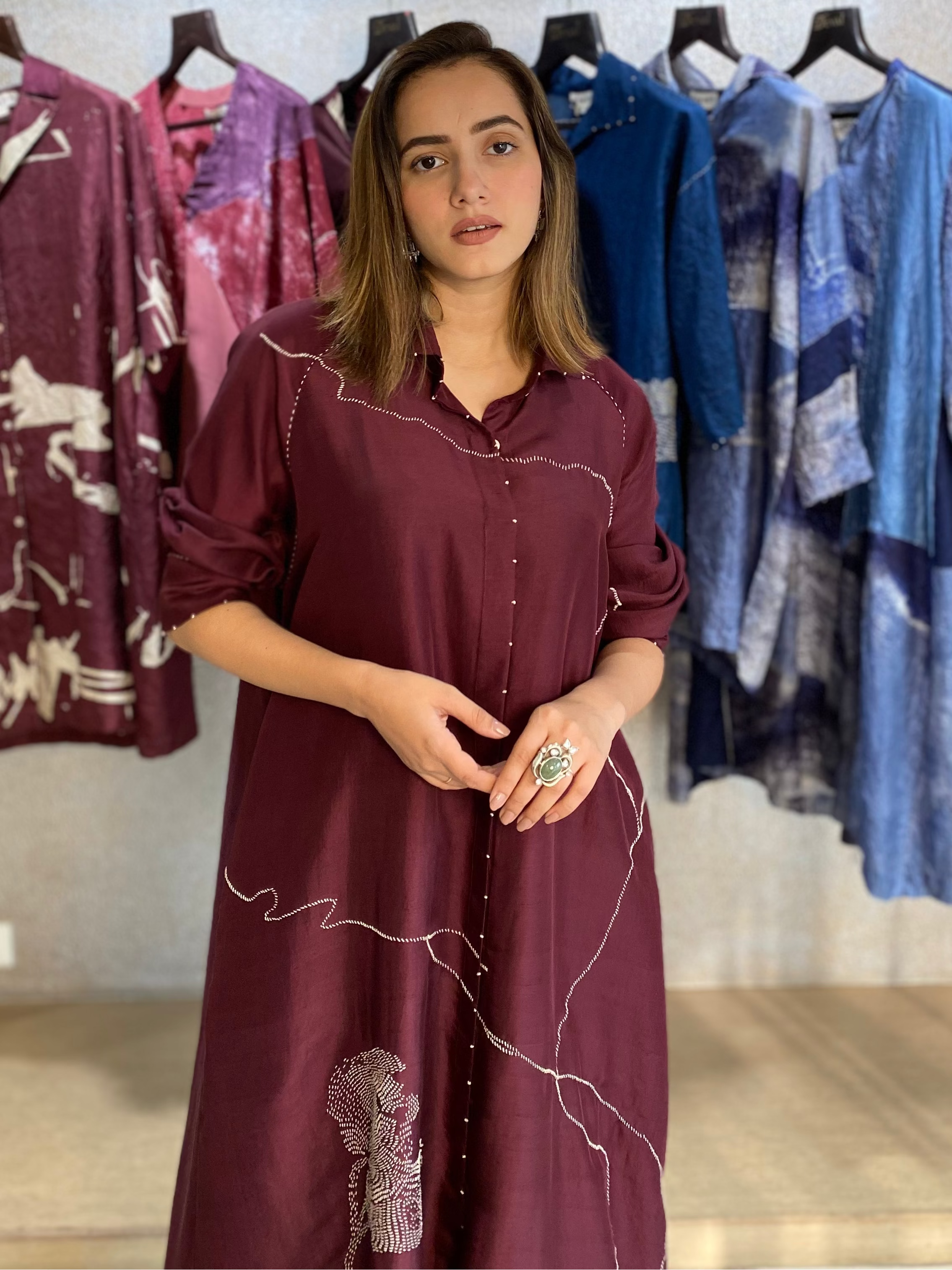 Claret Dupion Silk Embroidered Midi Dress