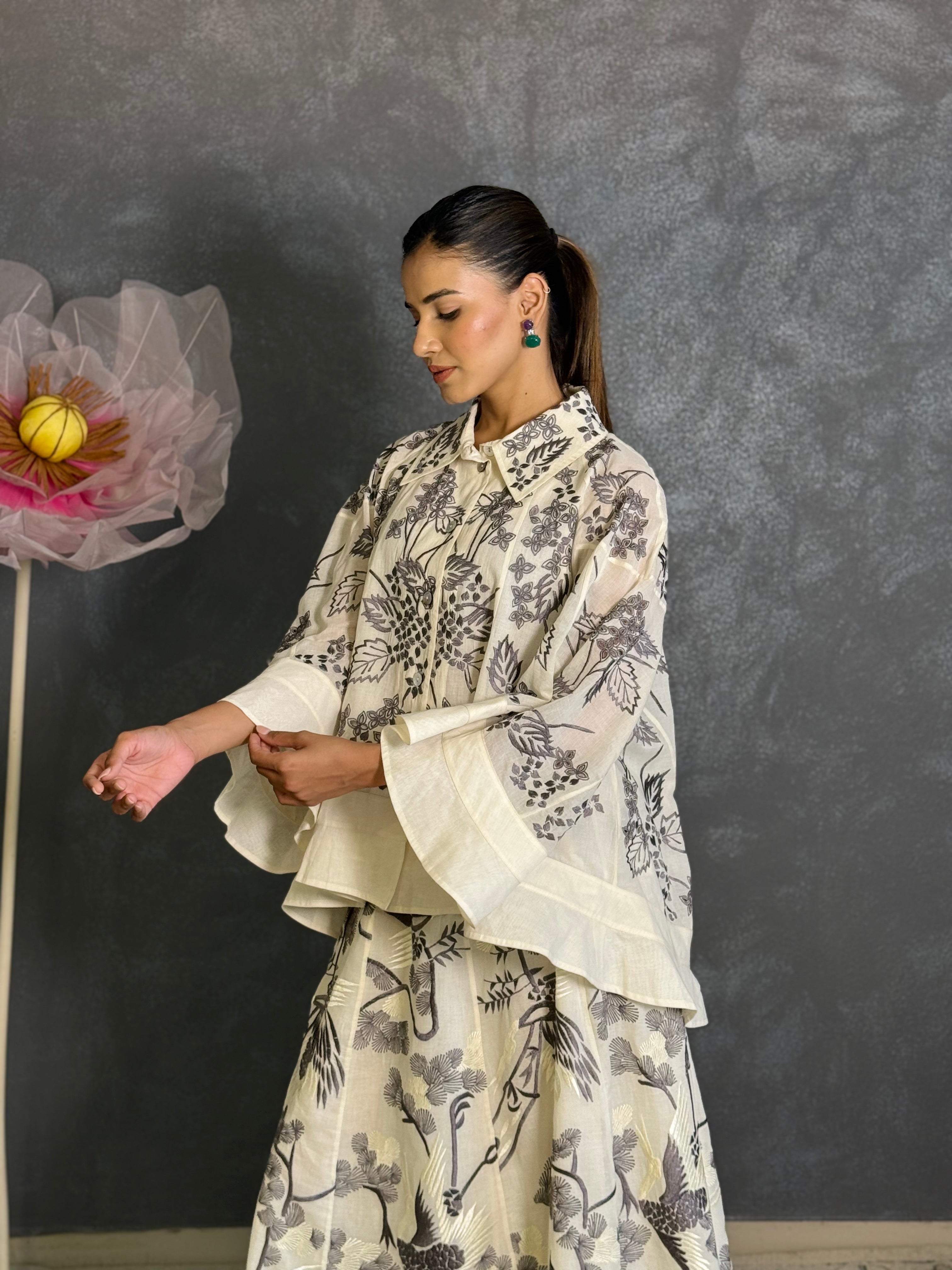 Ivory Printed Co-ord Set with Layered Top