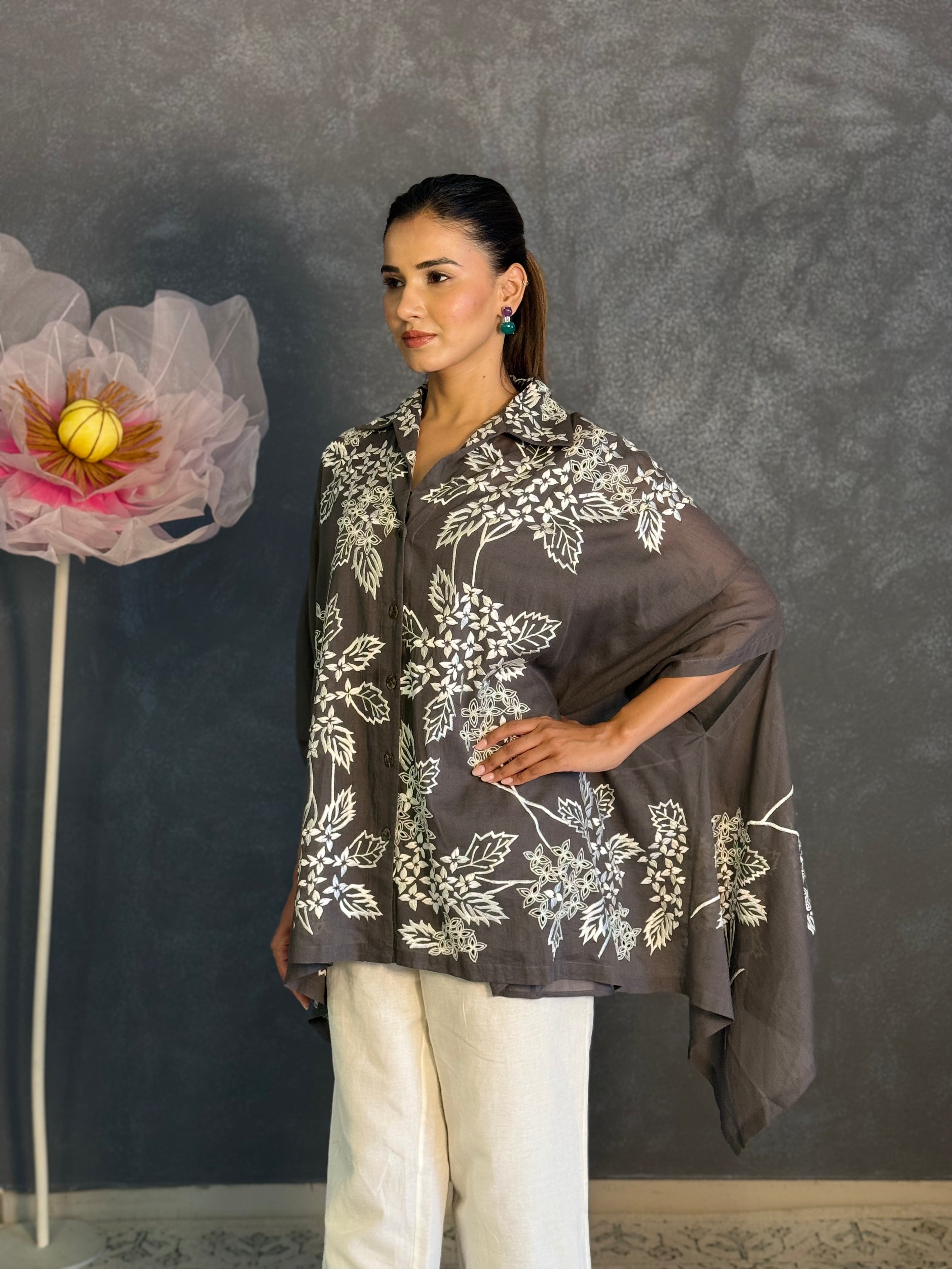 Charcoal Floral Asymmetric Shirt