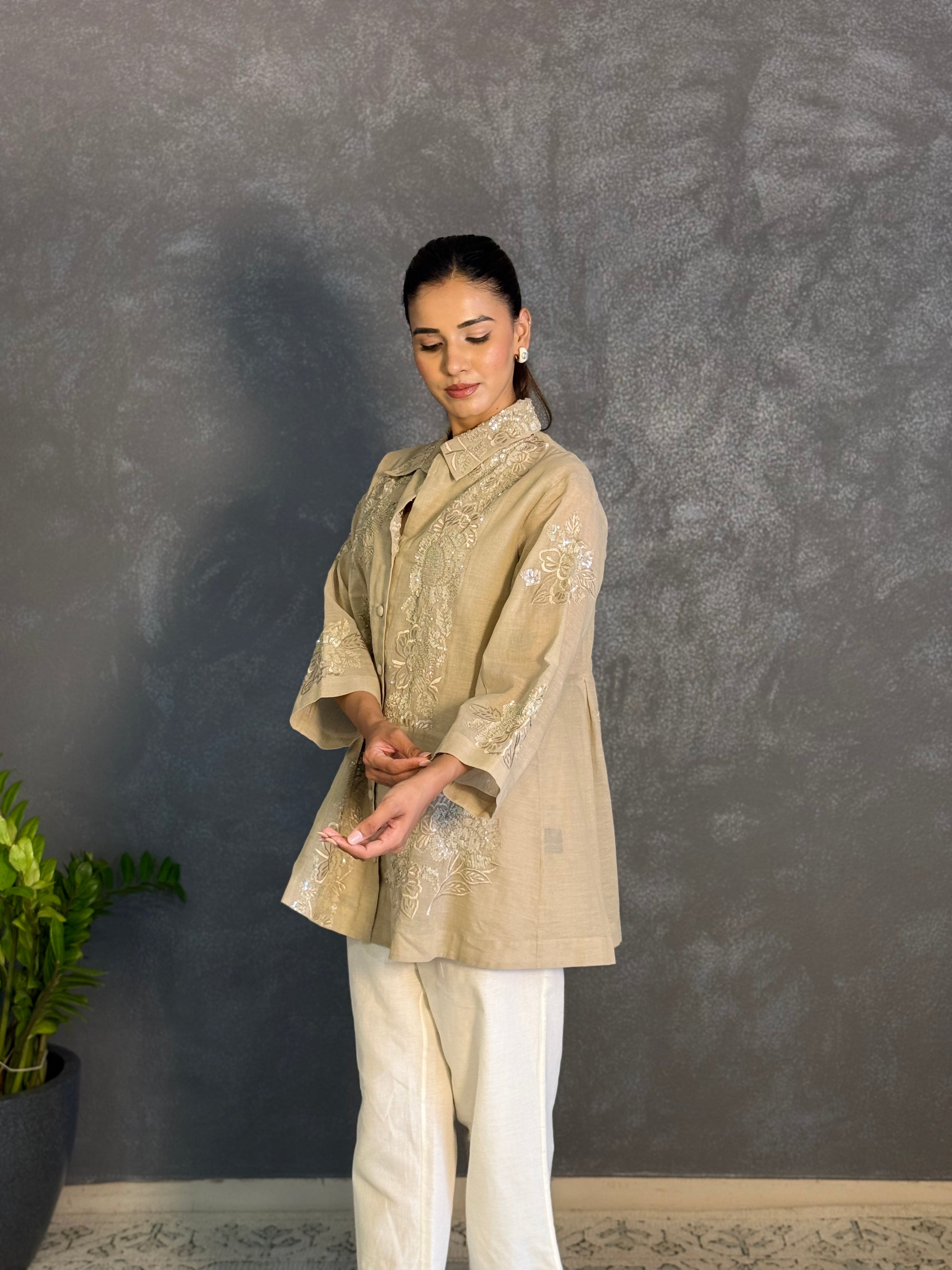 Beige Floral Embroidered Shirt Top