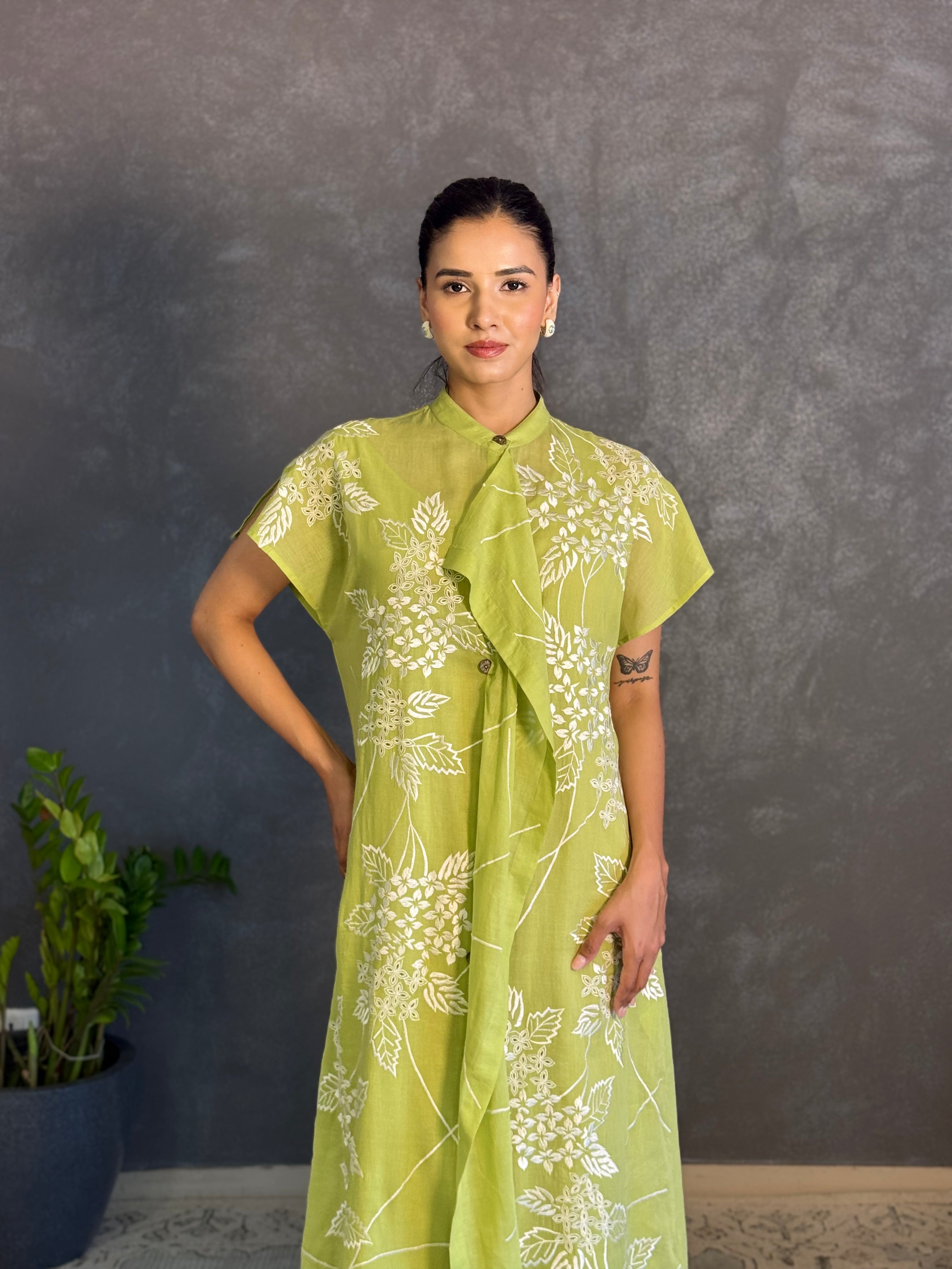 Lime Green Floral Embroidered Overlay Dress