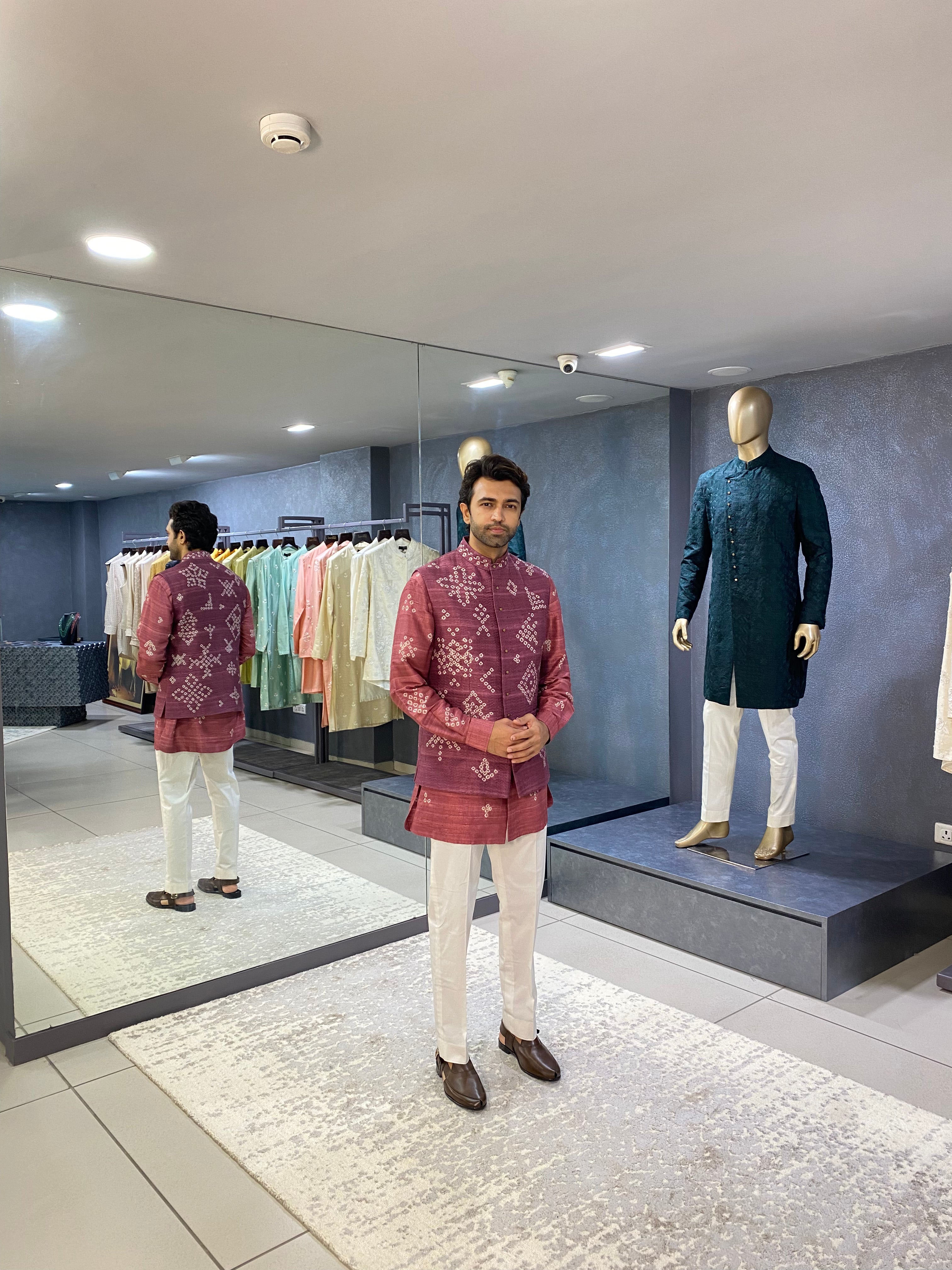 Sadri Printed Bandhani - Onion Pink Nehru Set