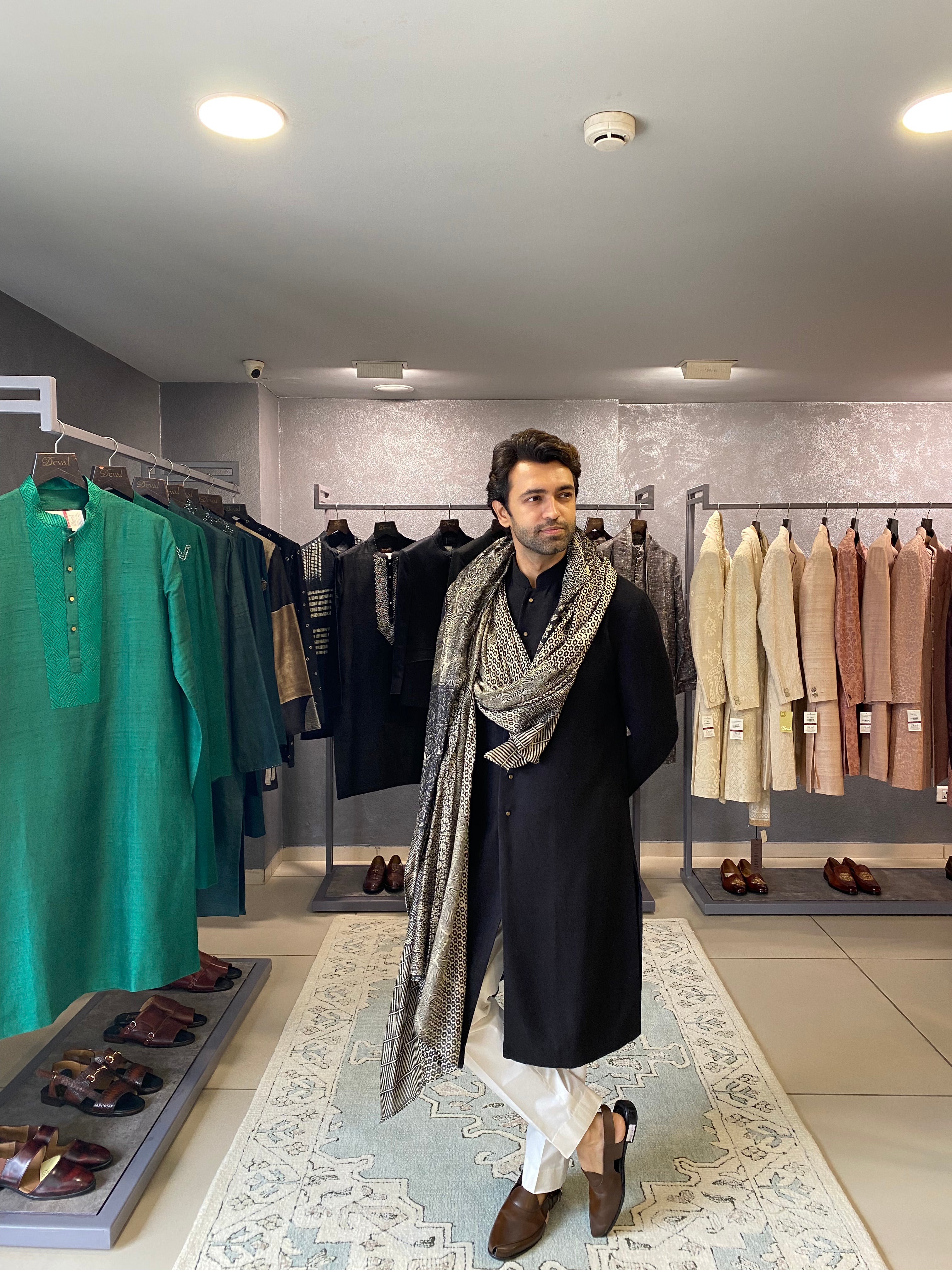 Black Pre Draped Kurta Set