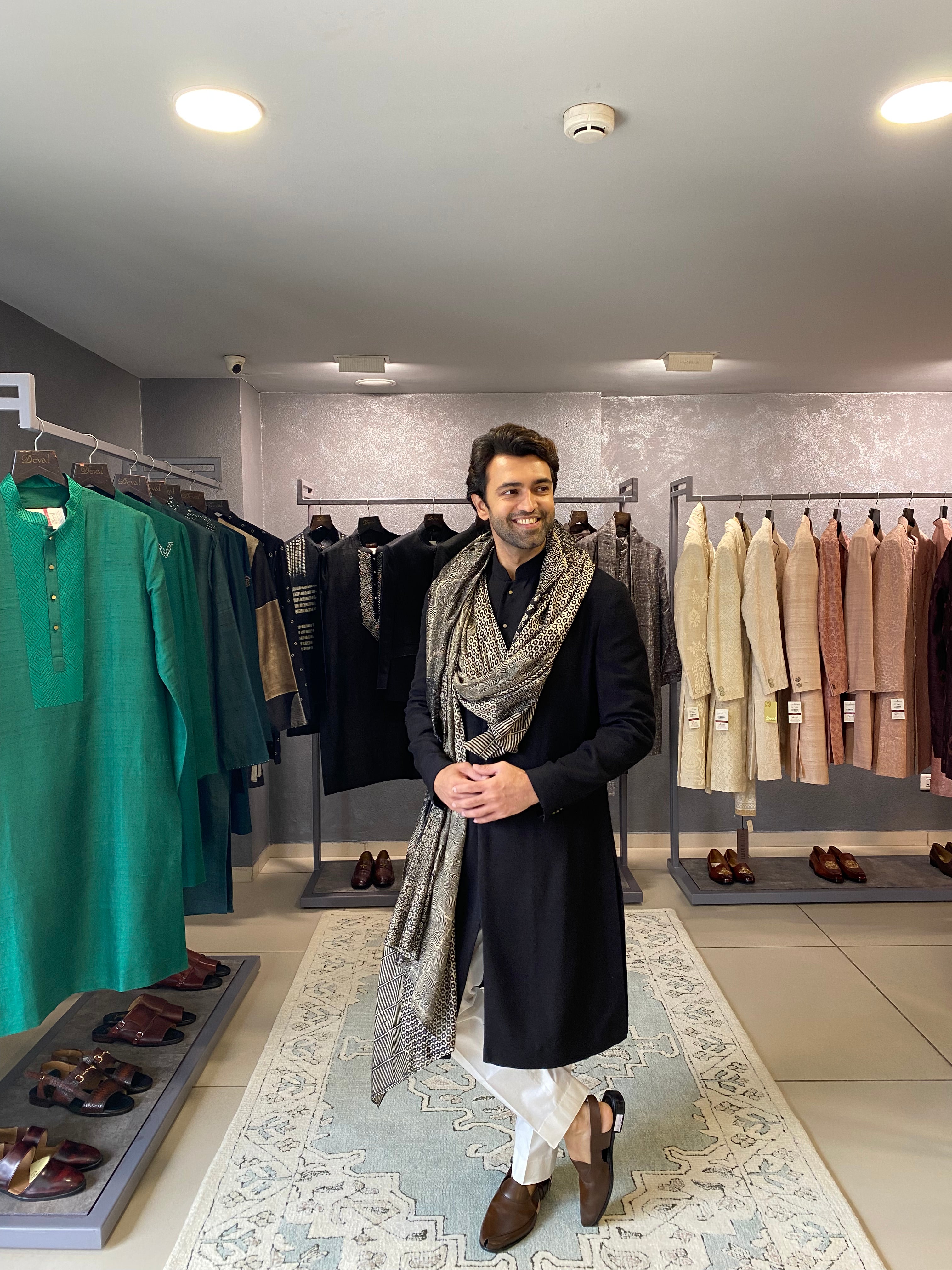 Black Pre Draped Kurta Set