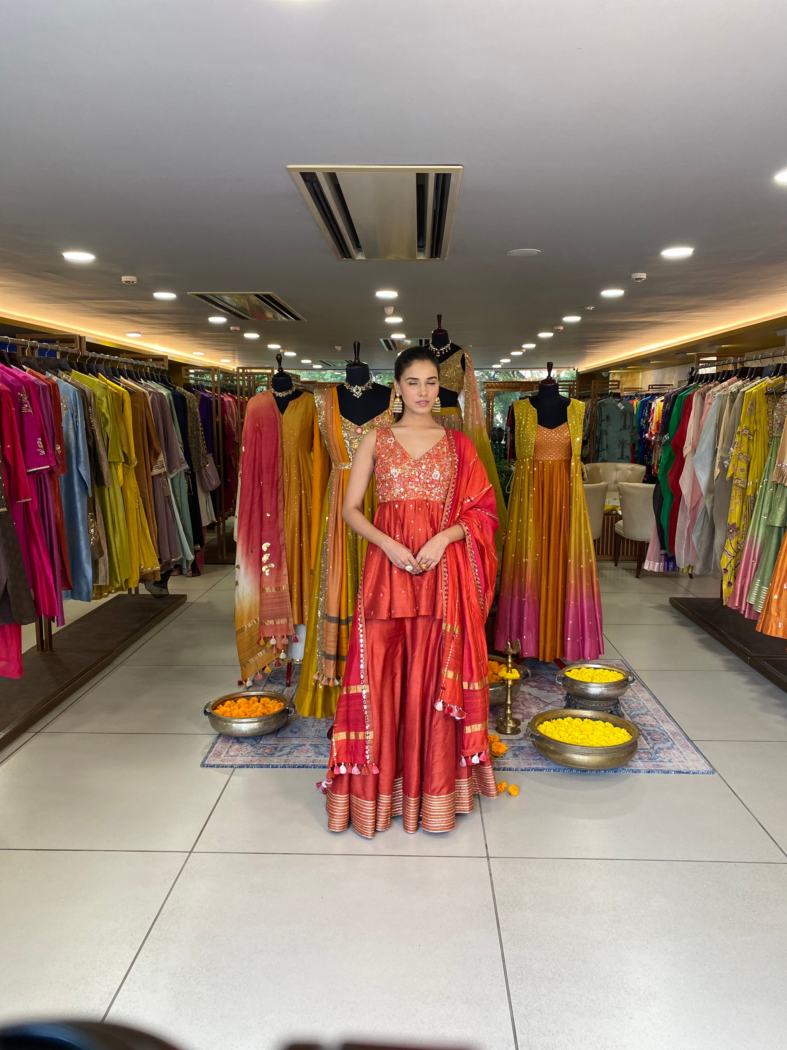 Rust Orange Sharara With Peplum Set