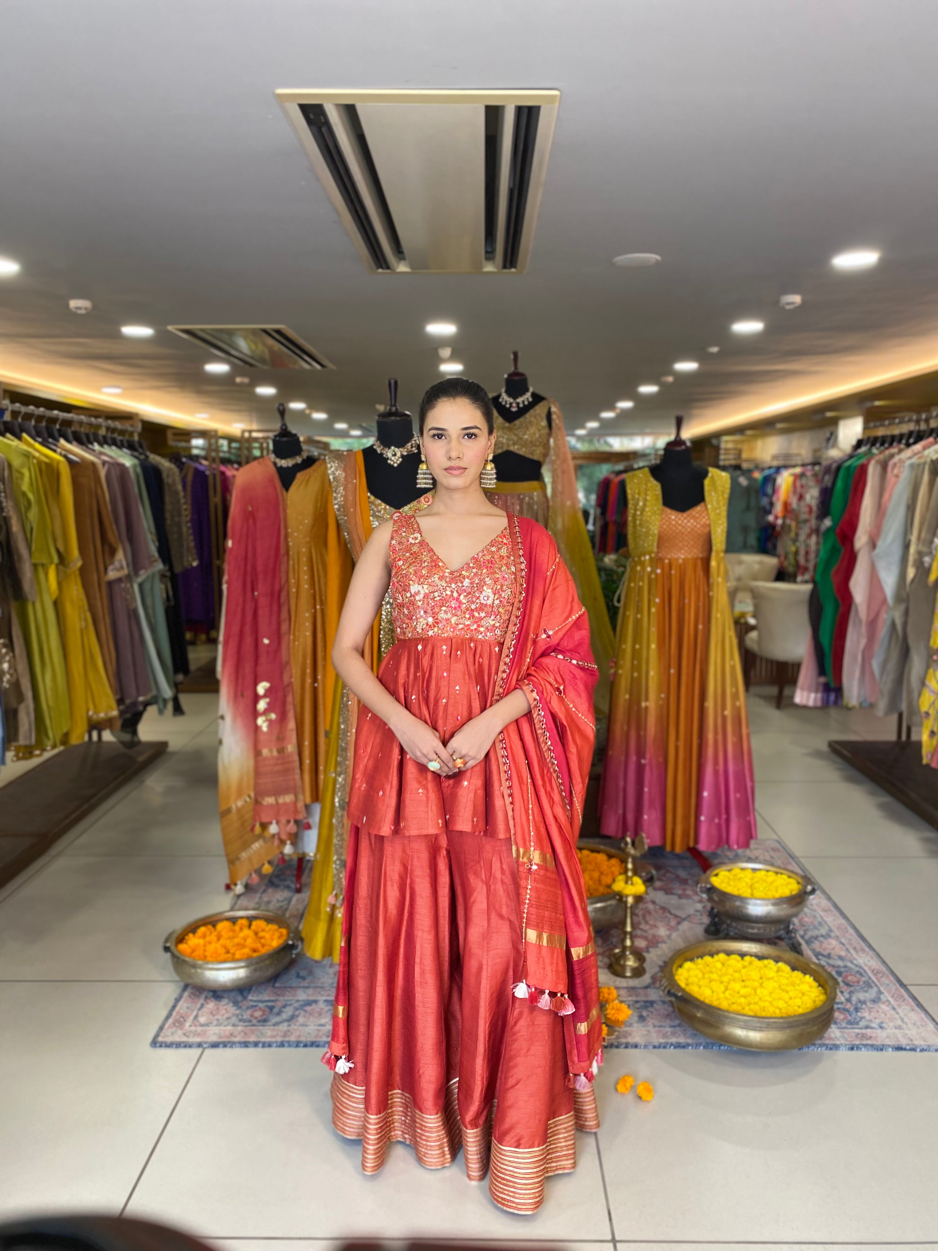 Rust Orange Sharara With Peplum Set