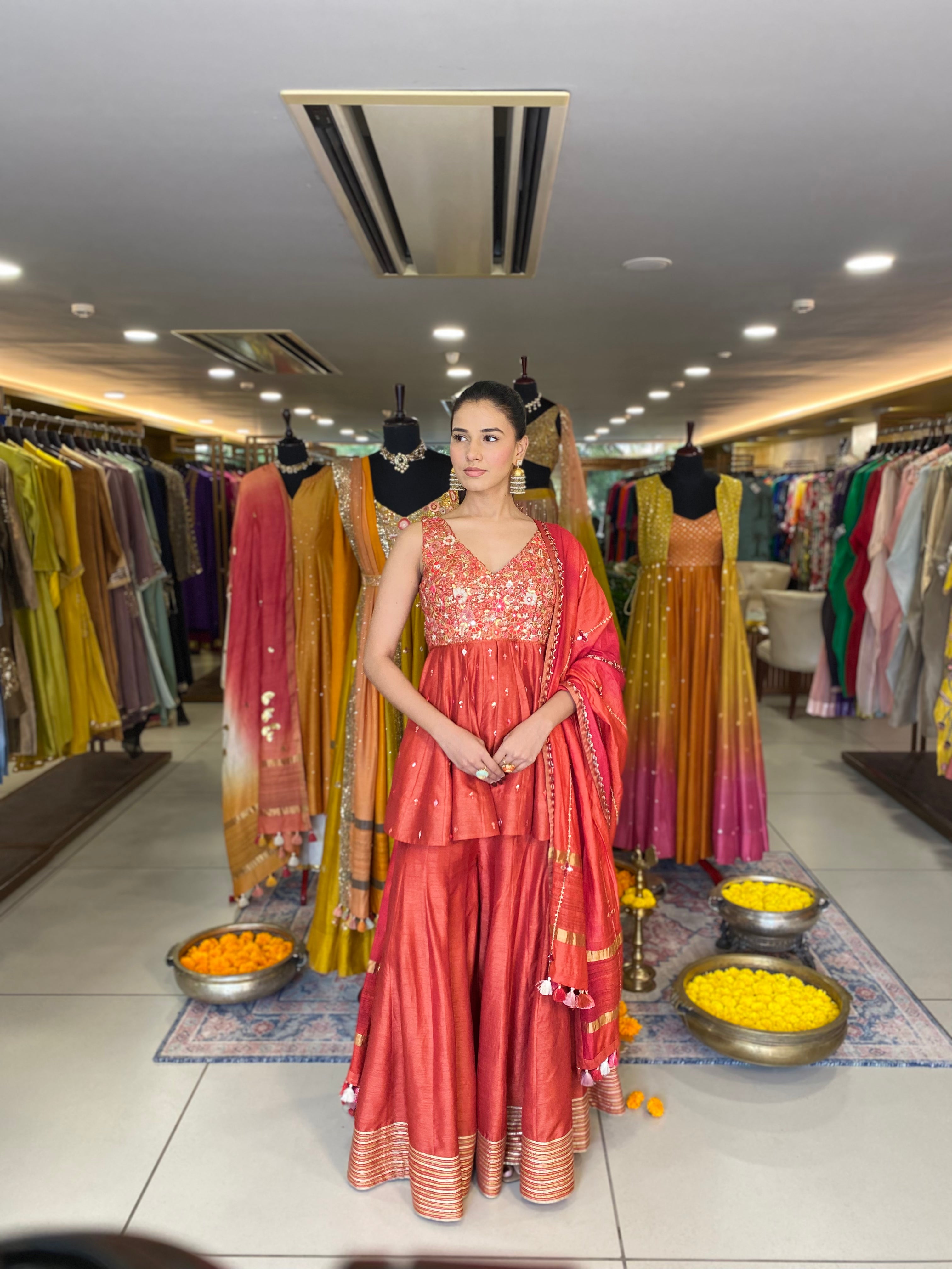 Rust Orange Sharara With Peplum Set