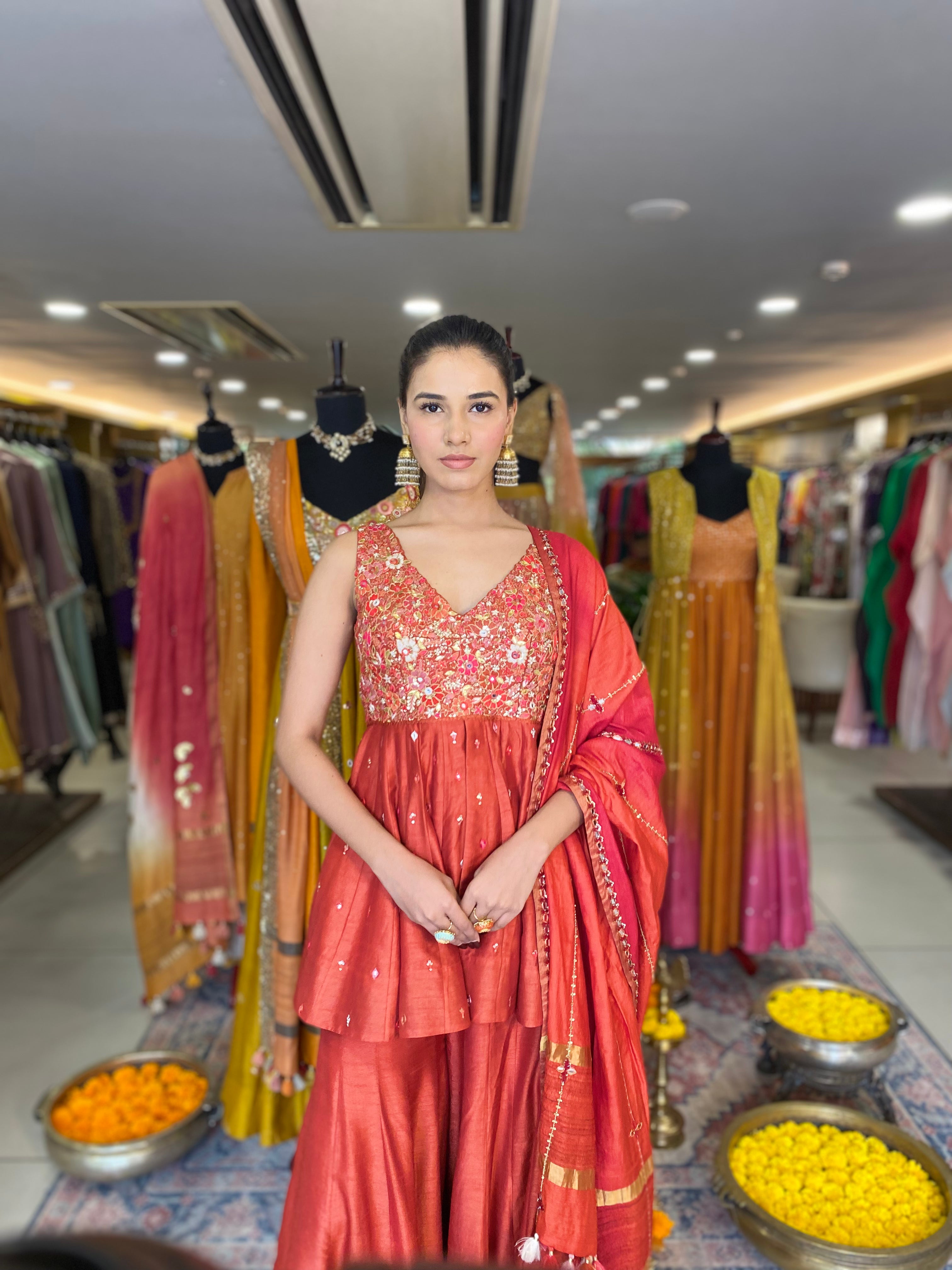 Rust Orange Sharara With Peplum Set