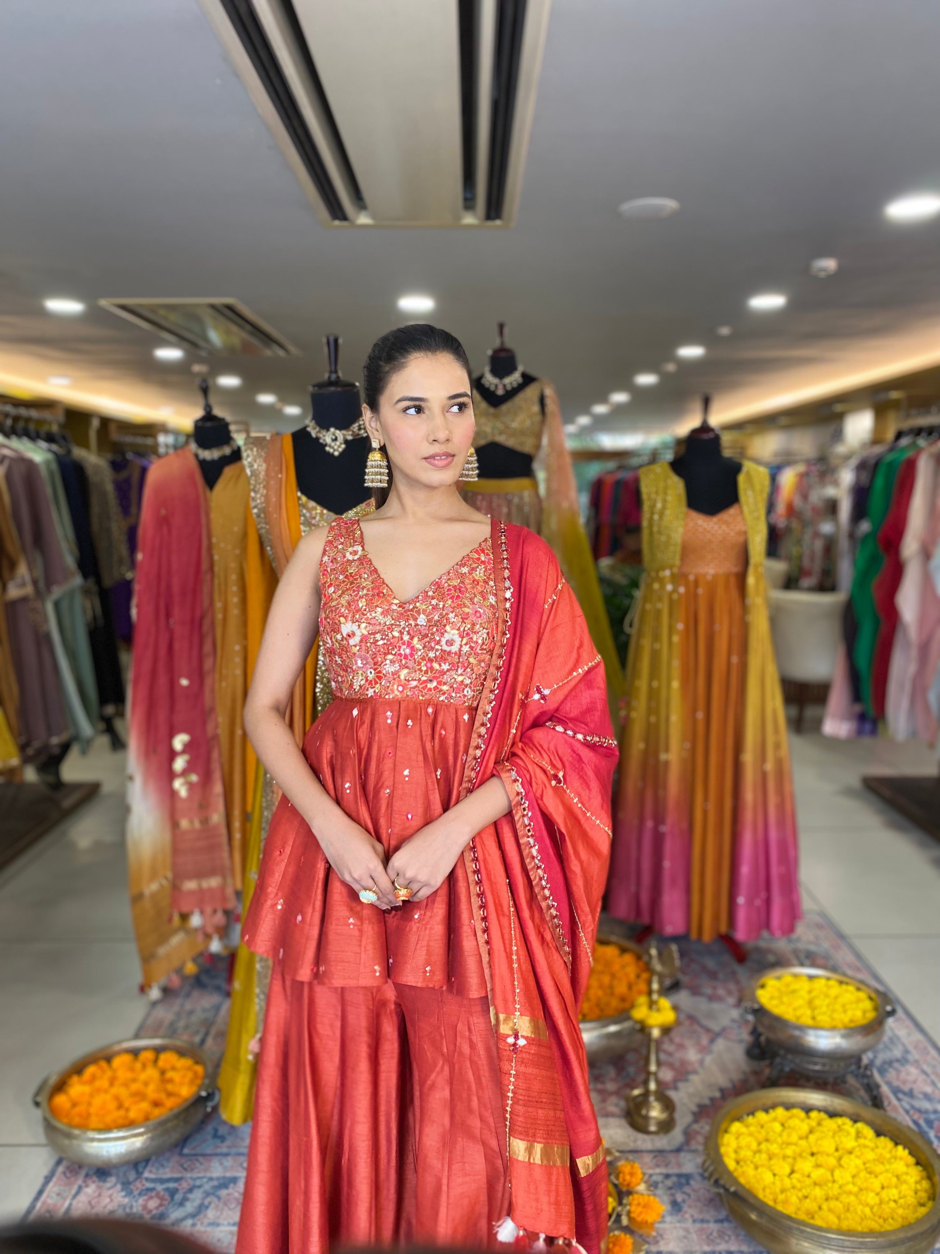 Rust Orange Sharara With Peplum Set