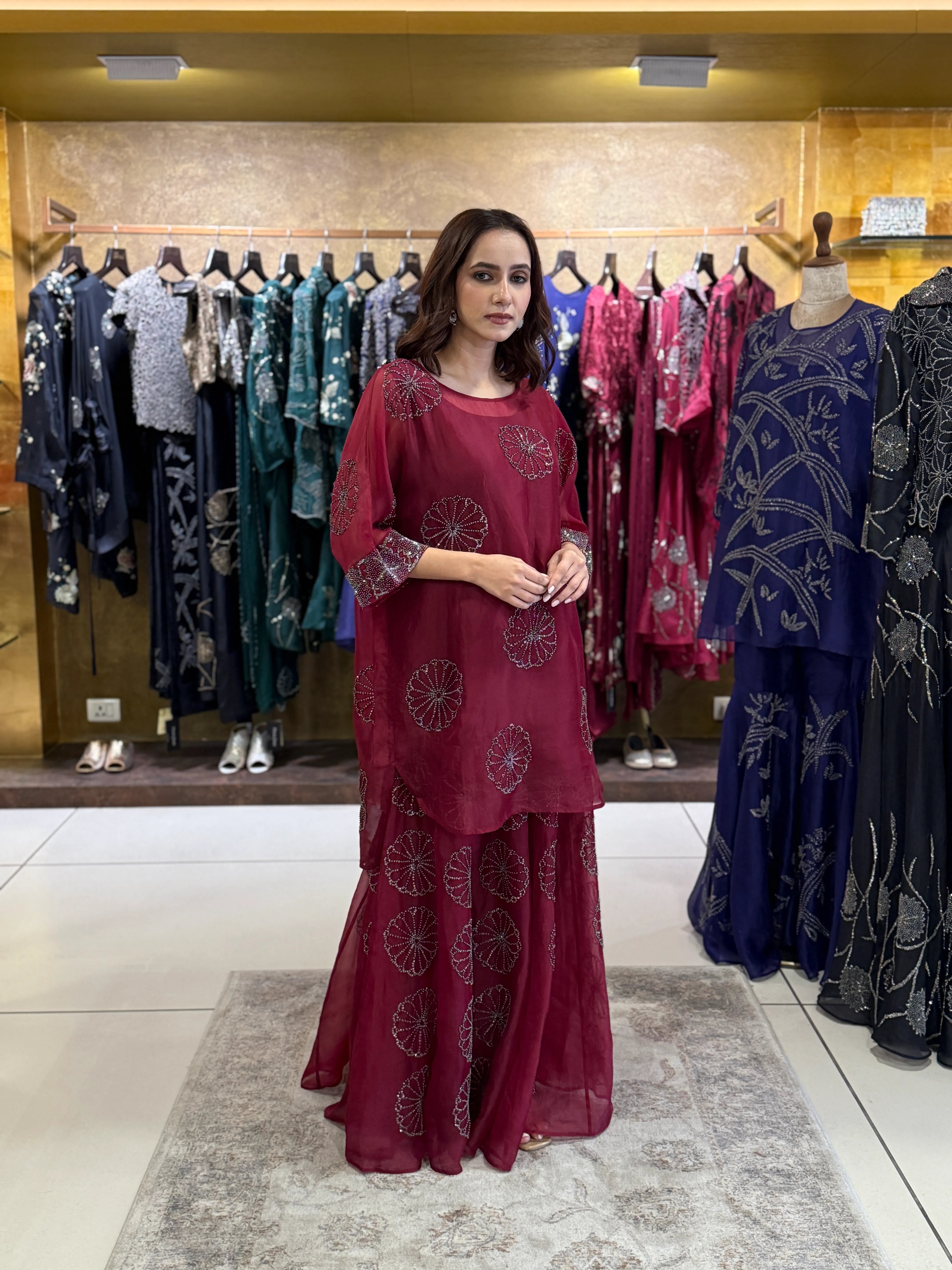 red SLV Silk Organza Sharara Set