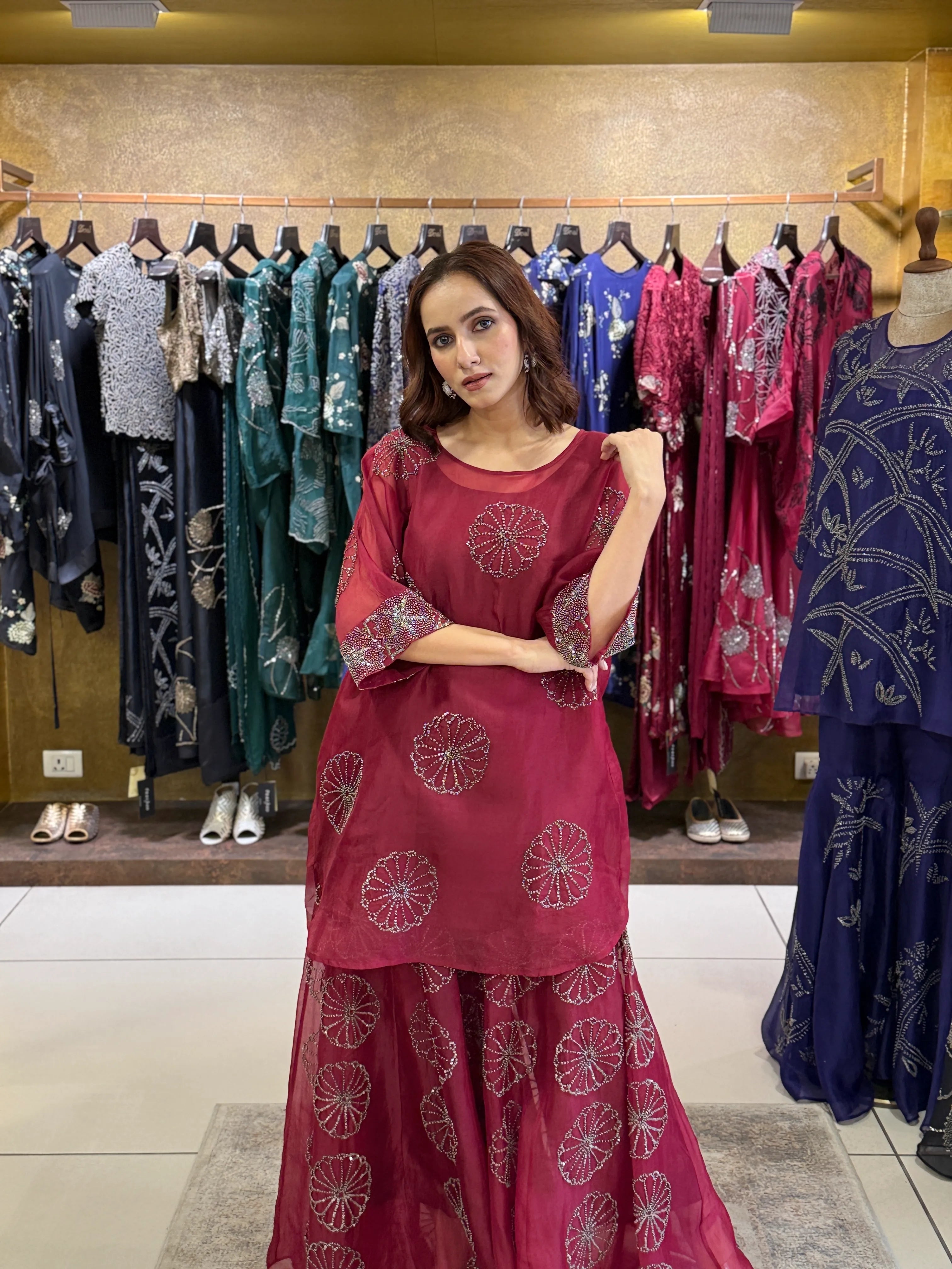 red SLV Silk Organza Sharara Set