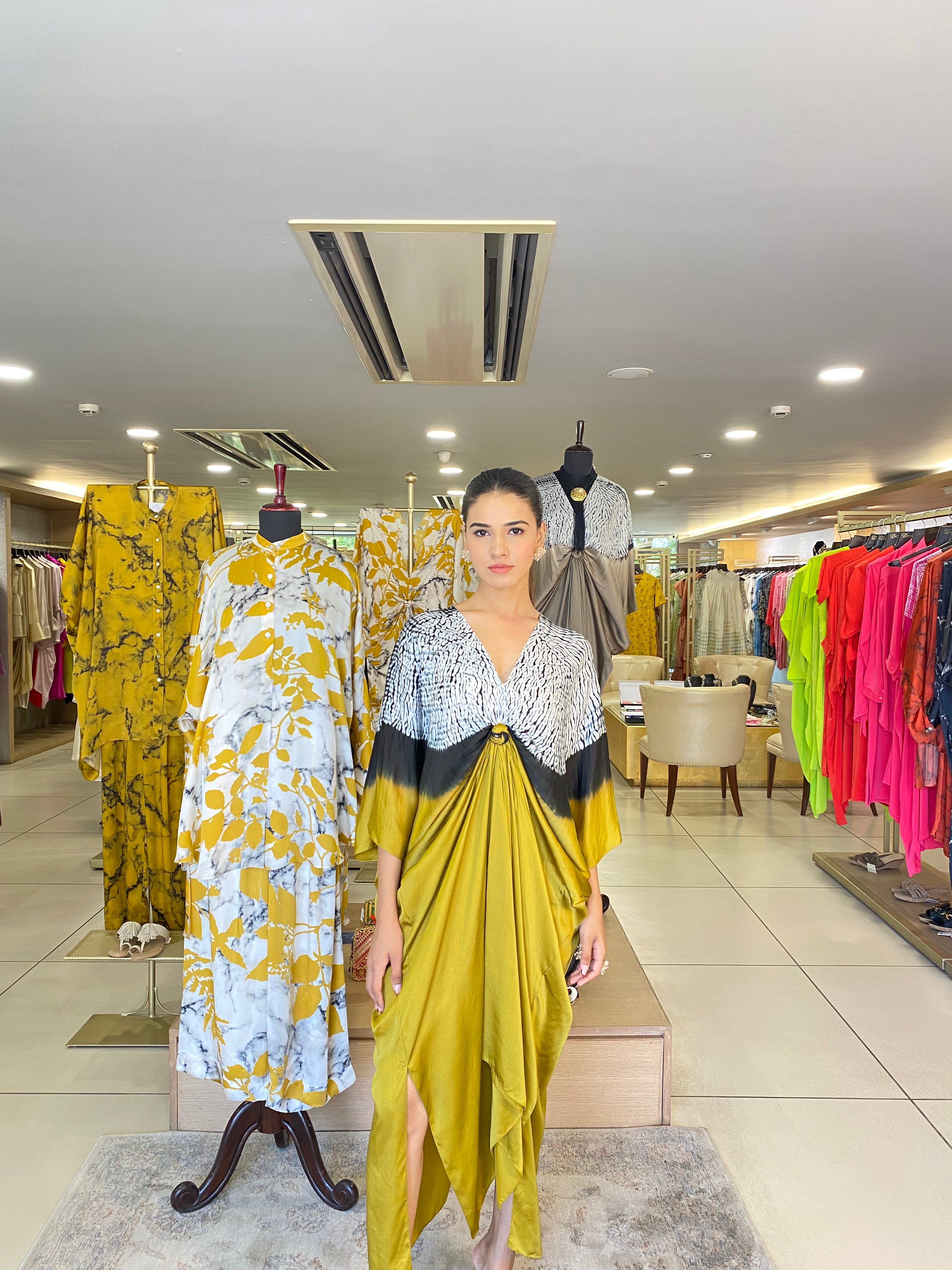 Mustard Yellow Black Shibori Kaftan