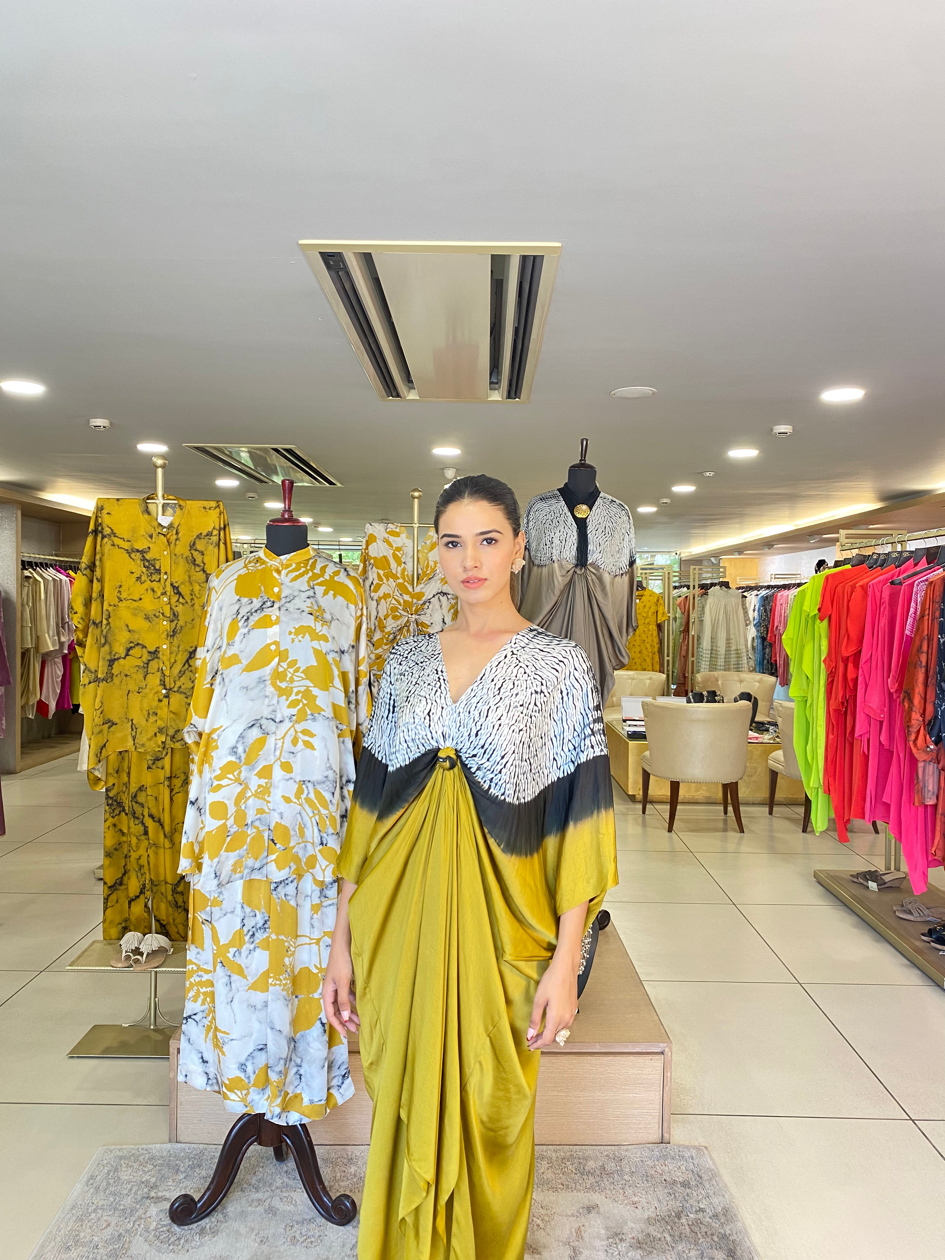 Mustard Yellow Black Shibori Kaftan