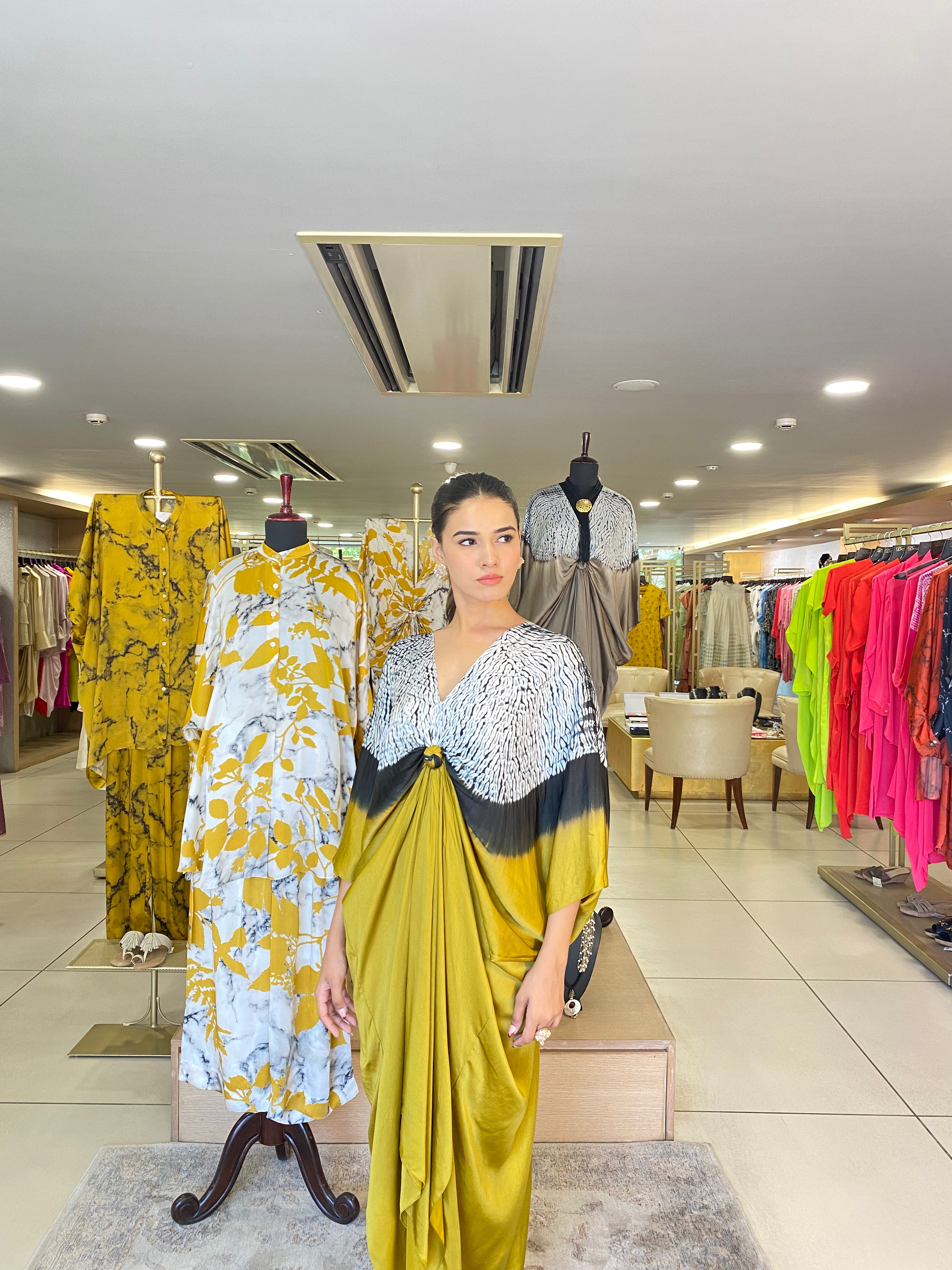 Mustard Yellow Black Shibori Kaftan