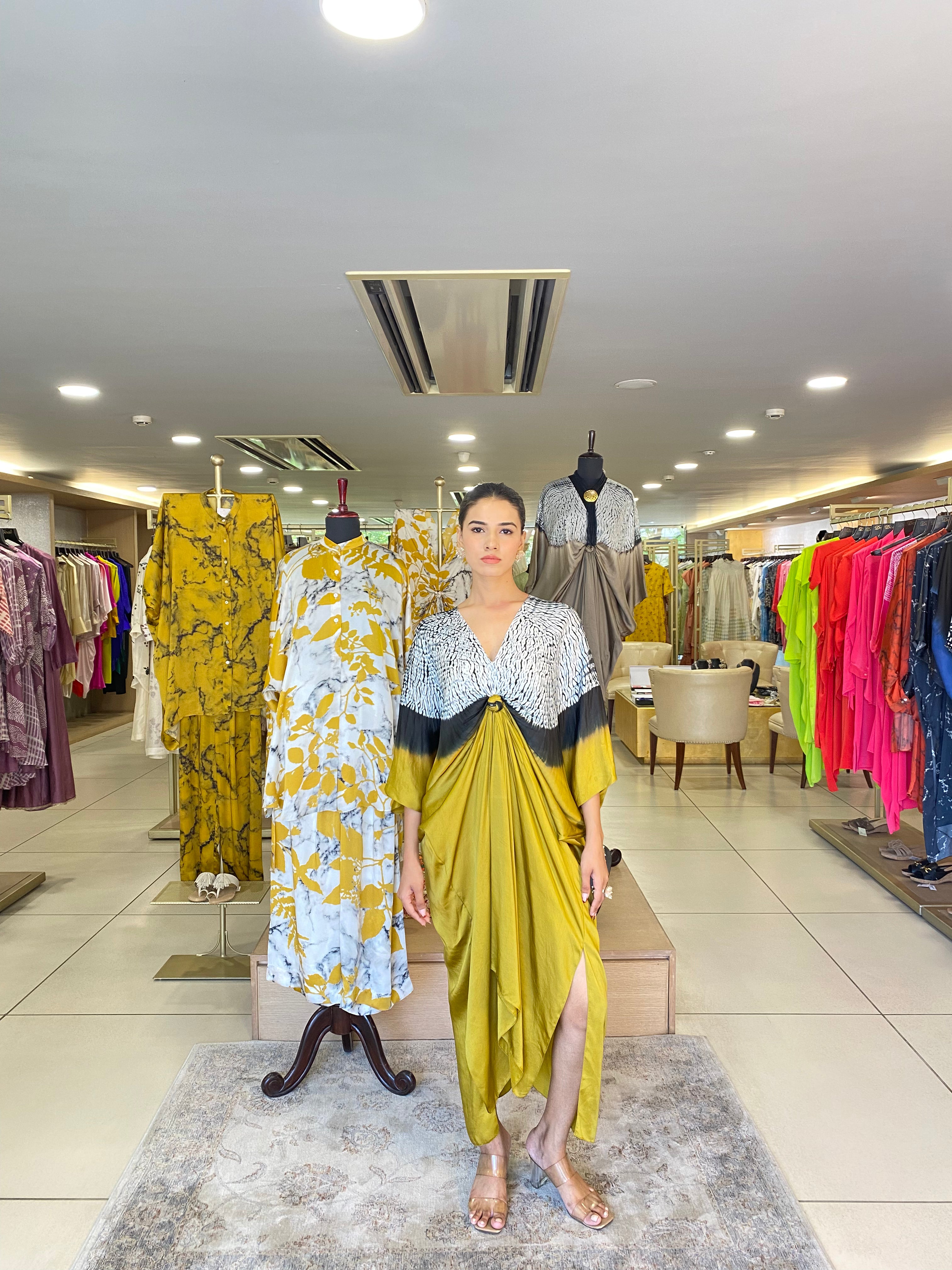 Mustard Yellow Black Shibori Kaftan