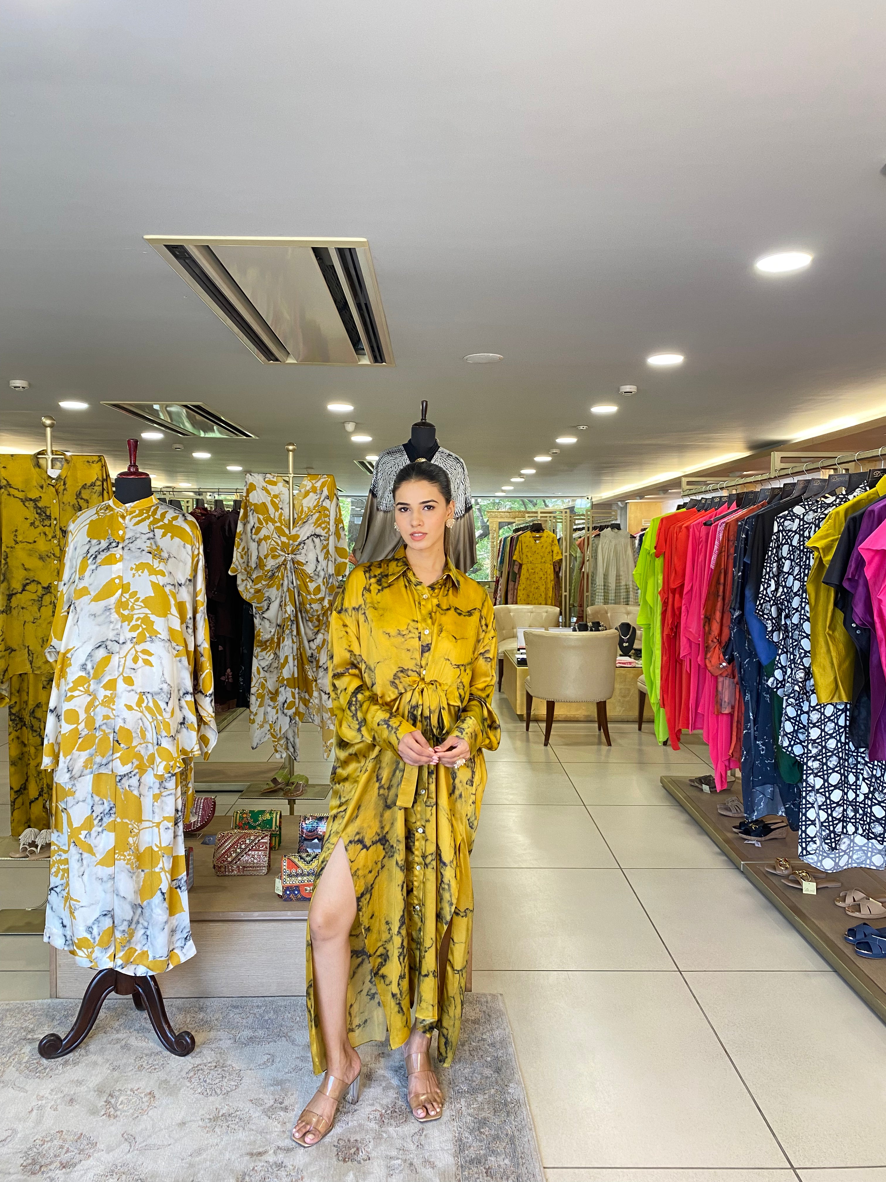 Mustrad Yellow Black Tie Dyw Wrap Dress