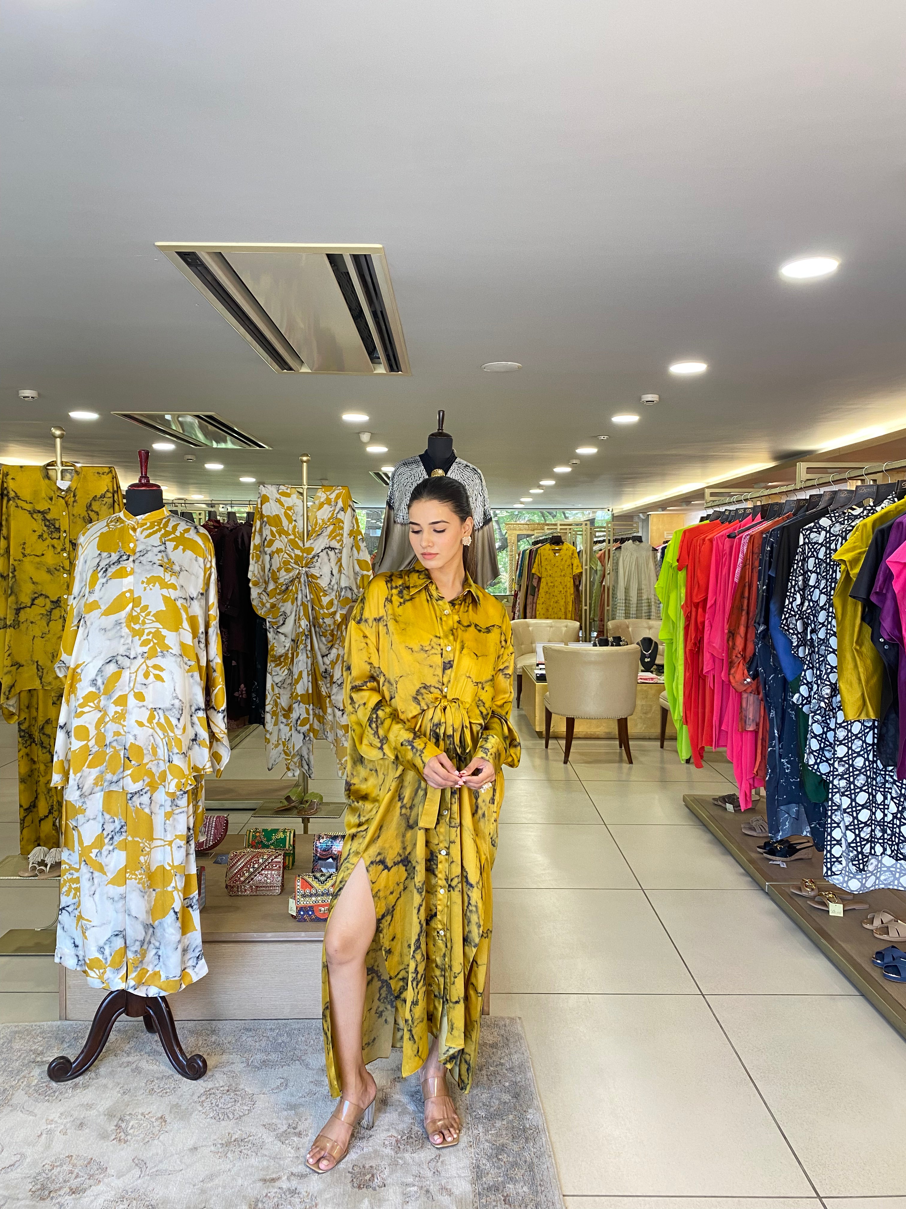 Mustrad Yellow Black Tie Dyw Wrap Dress