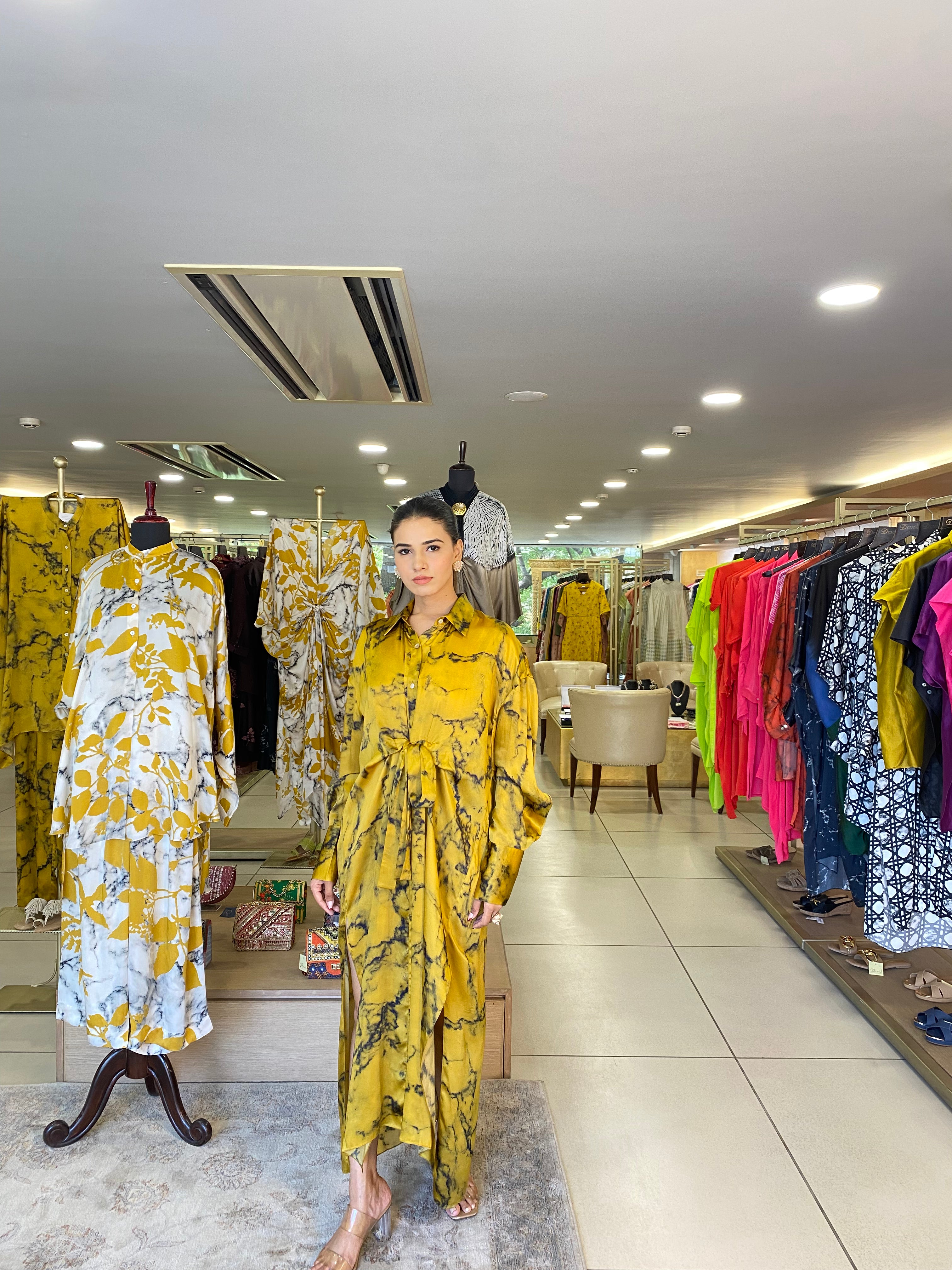 Mustrad Yellow Black Tie Dyw Wrap Dress