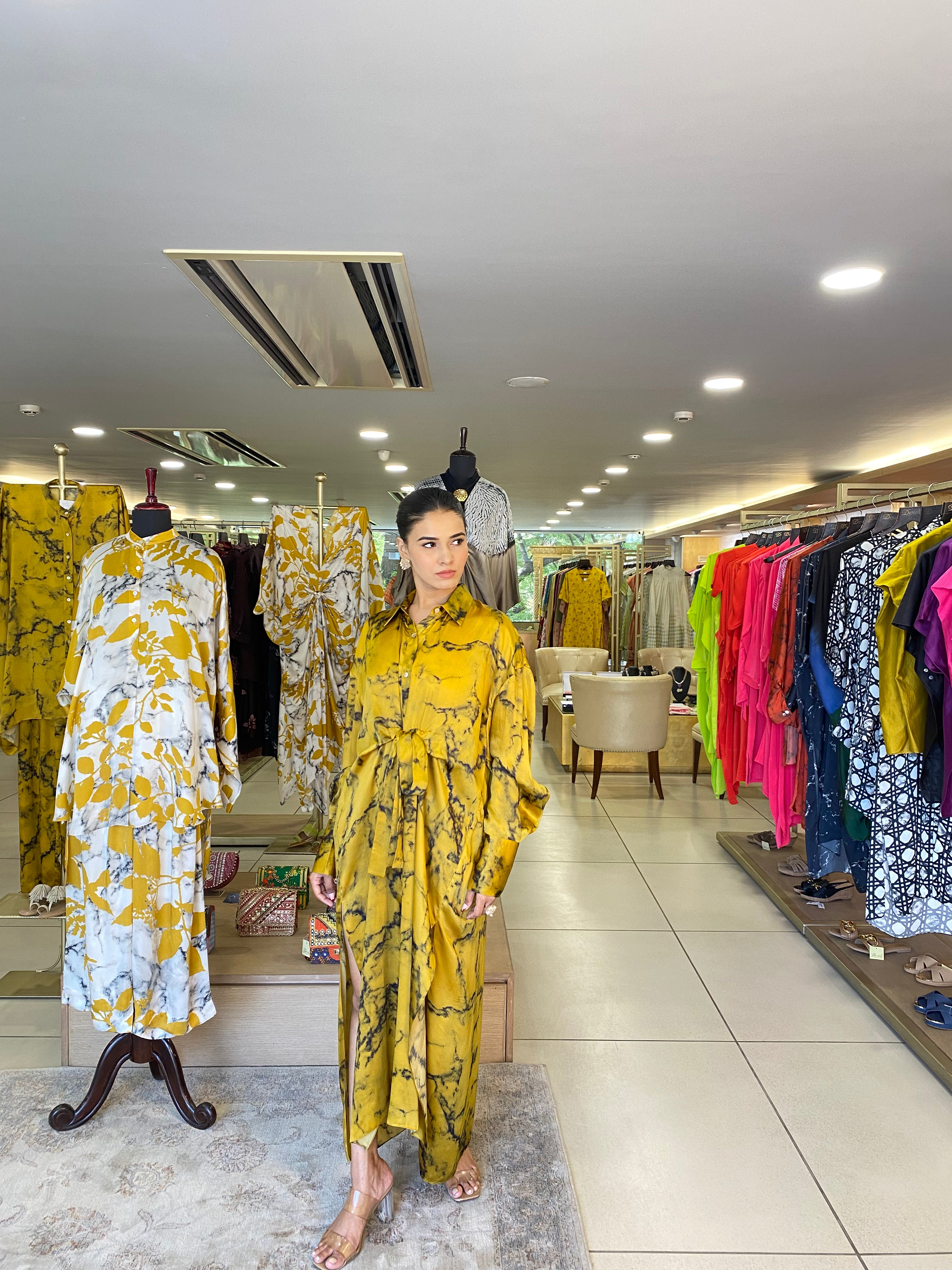 Mustrad Yellow Black Tie Dyw Wrap Dress