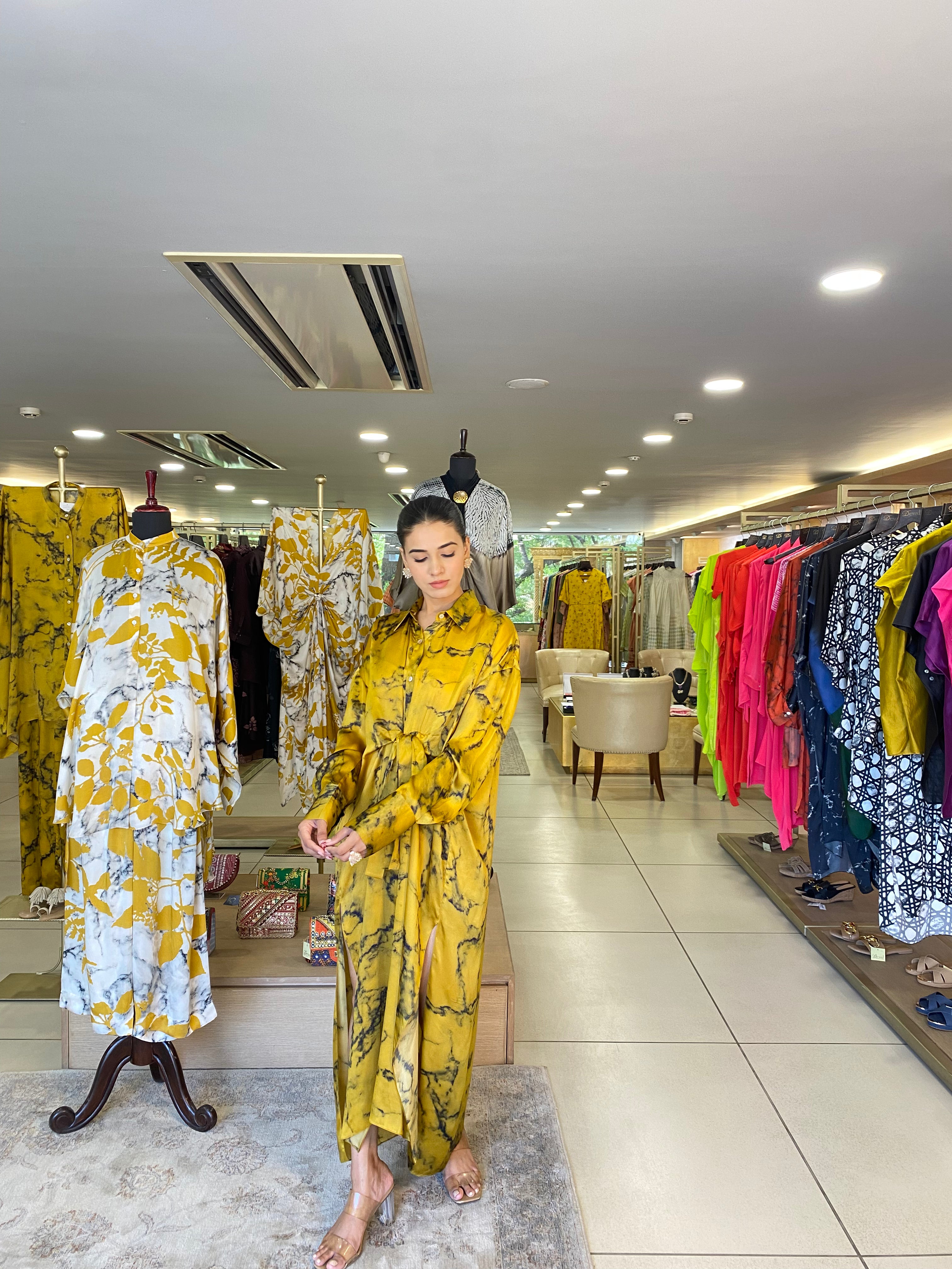 Mustrad Yellow Black Tie Dyw Wrap Dress