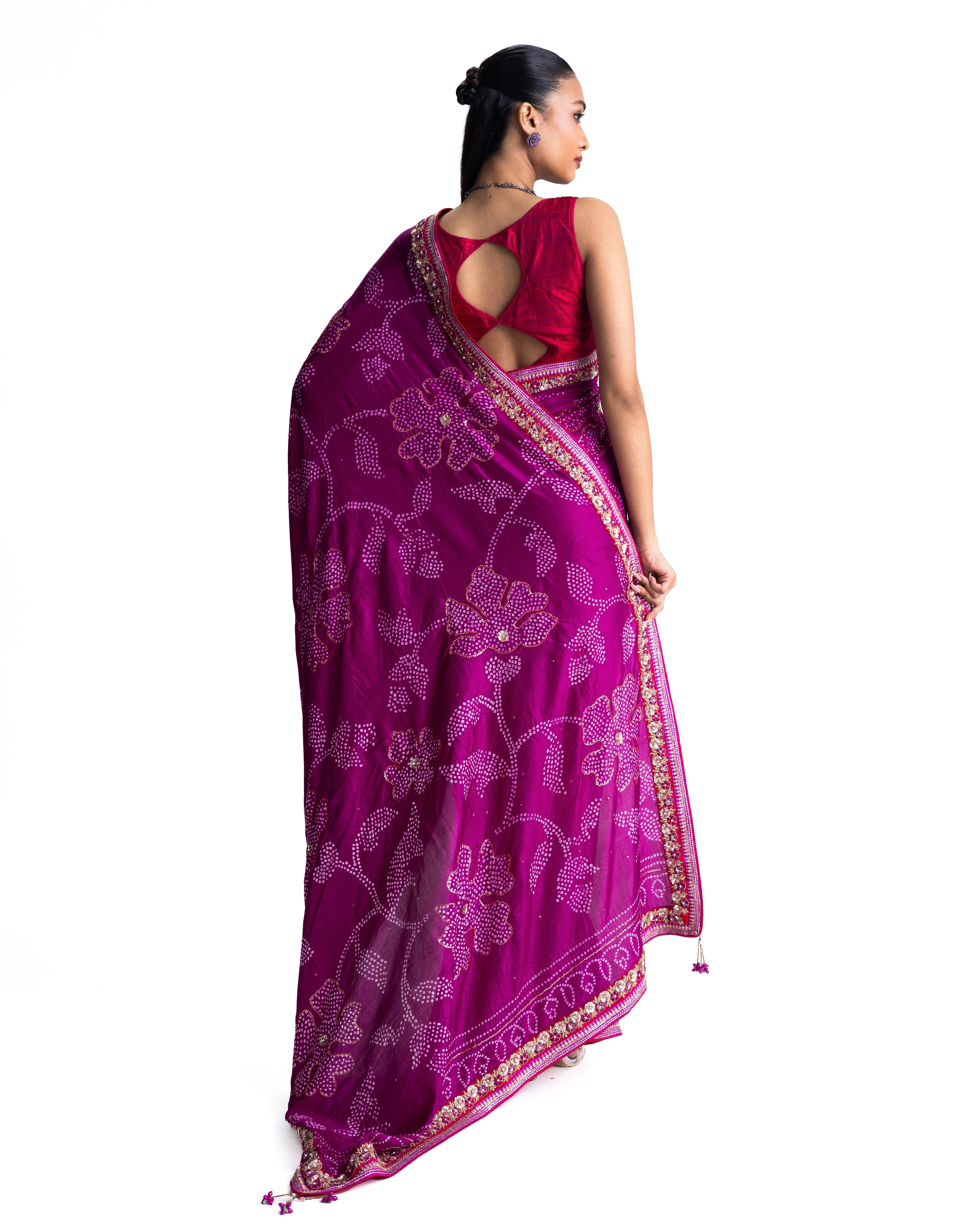 Bandhani Silk Zardozi Embroidery Saree - Magenta