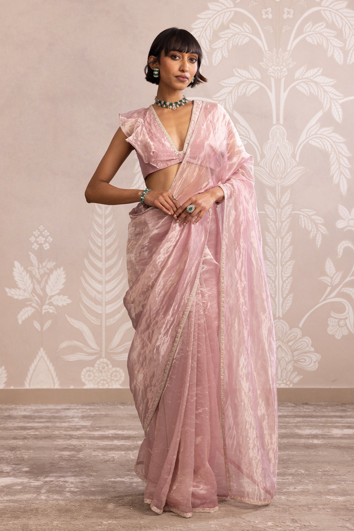 Luxurious Quartz Saree Set: Embroidered Tissue Blouse, Flat Saree, Crepe Petticoat