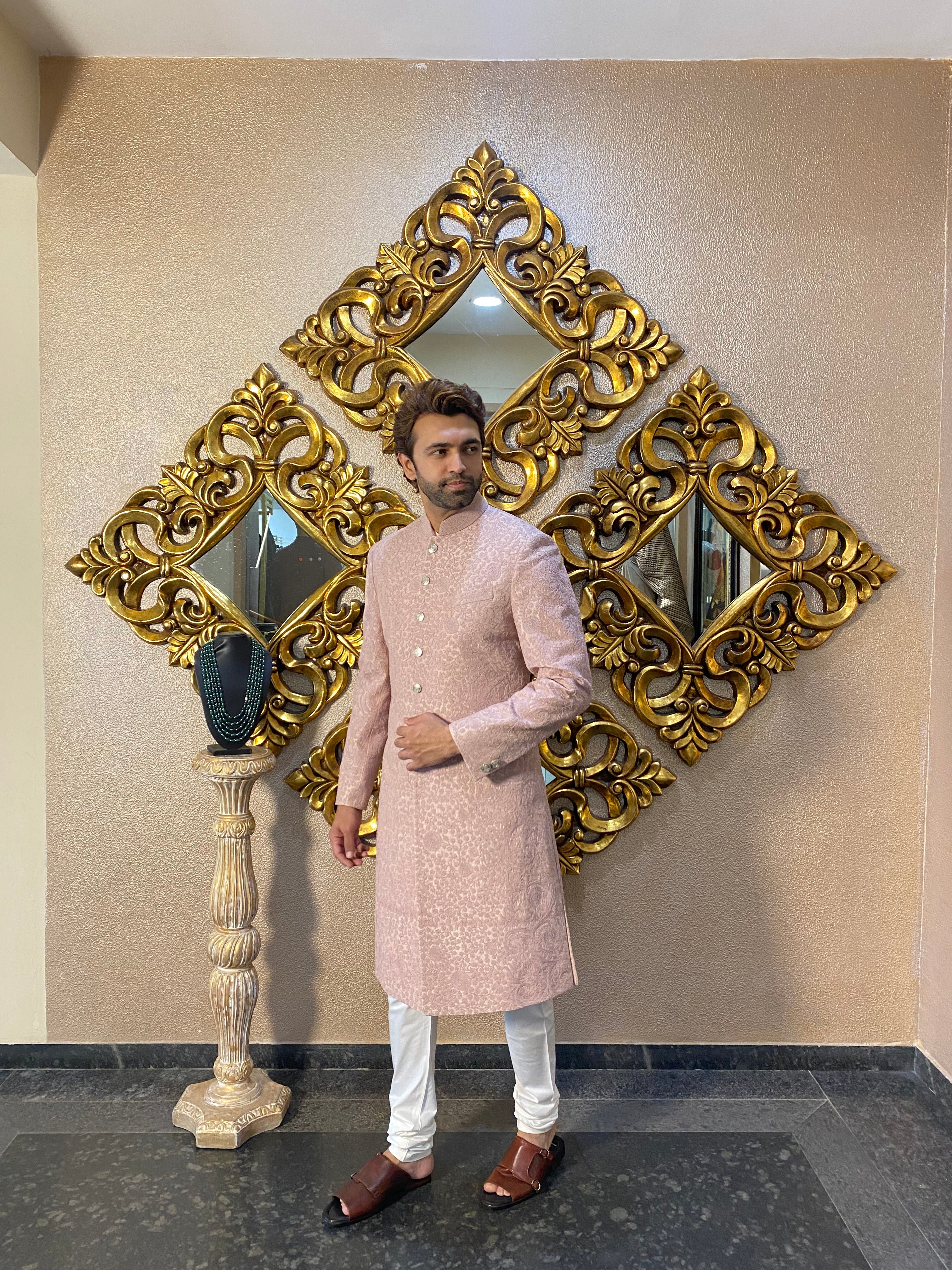 Nude Pink Embroidered Sherwani Set