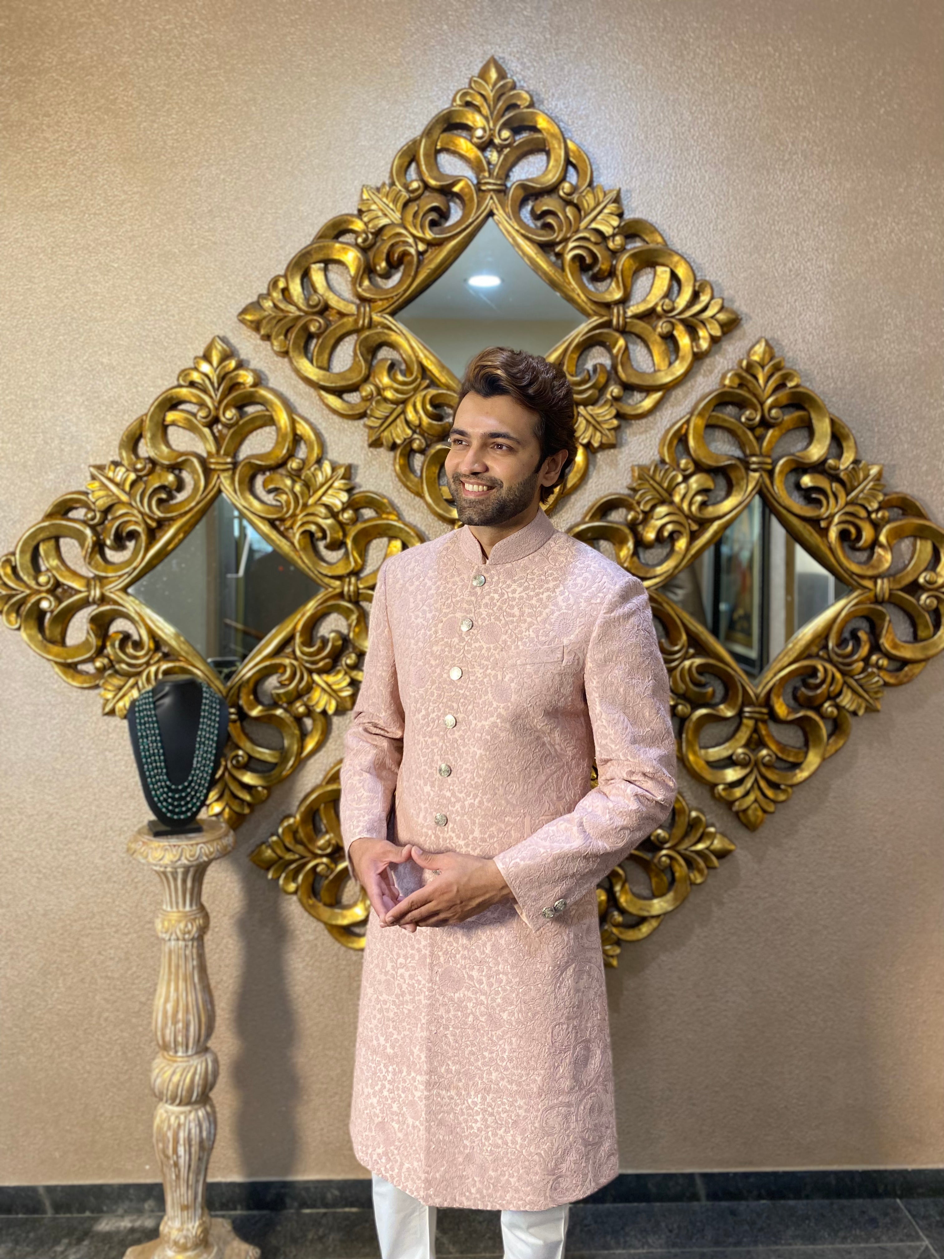 Nude Pink Embroidered Sherwani Set